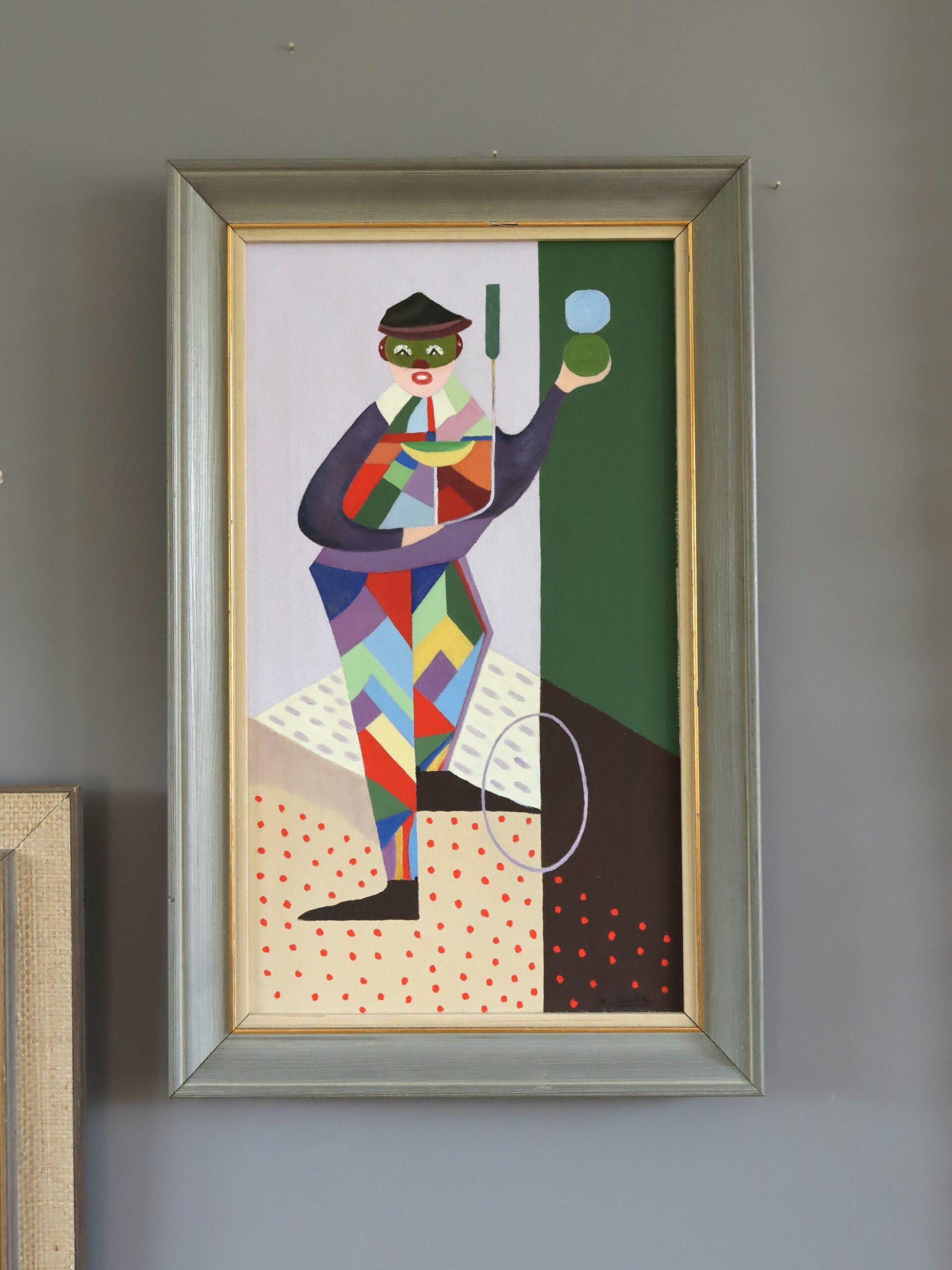Mid Century Modernes Schwedisches Geometrisches Figuratives Ölgemälde - Der Gaukler (Braun), Figurative Painting, von Unknown