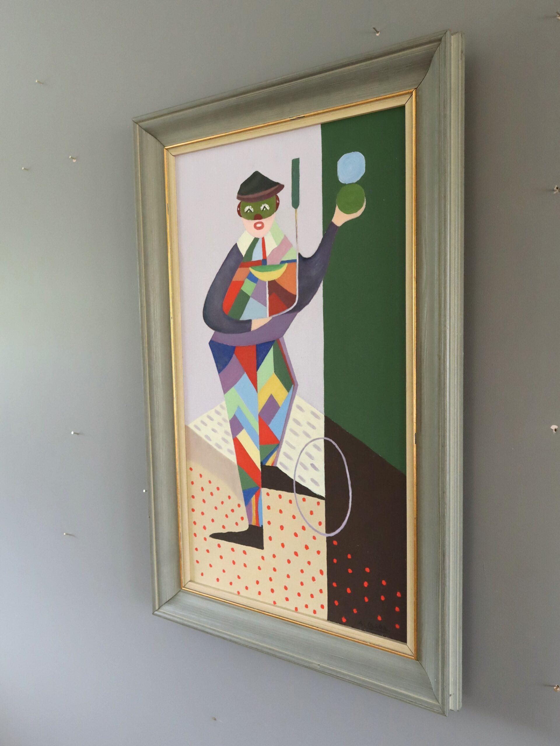 Mid Century Modernes Schwedisches Geometrisches Figuratives Ölgemälde - Der Gaukler im Angebot 1