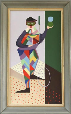 Mid Century Modern Swedish Geometric Figurative Oil Painting - The Juggler