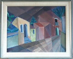 Mid Century Modern Swedish Geometric Landscape Oil Painting - Cubist Street