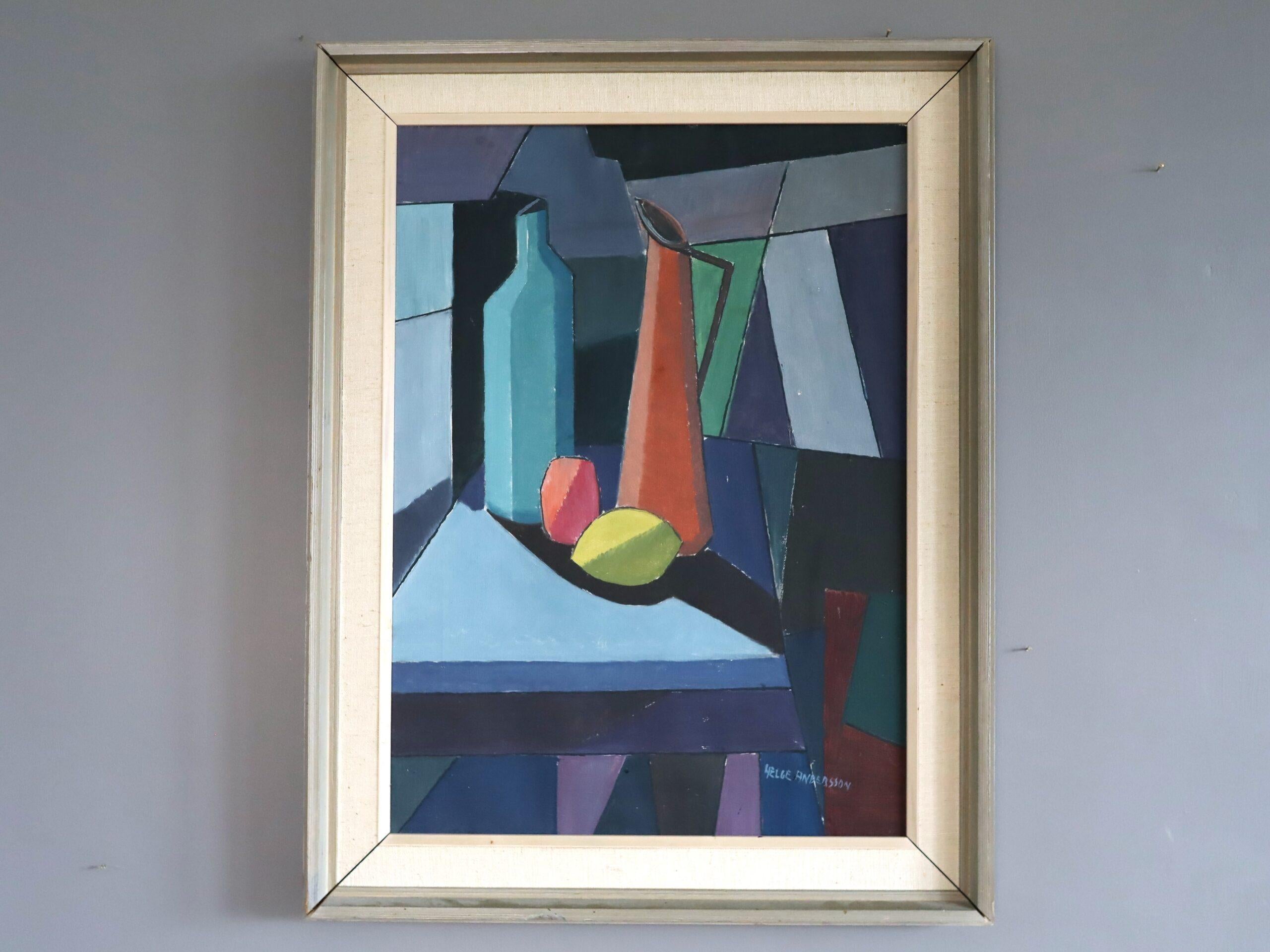 Peinture à l'huile géométrique suédoise du milieu du siècle dernier - Nature morte construite - Painting de Unknown