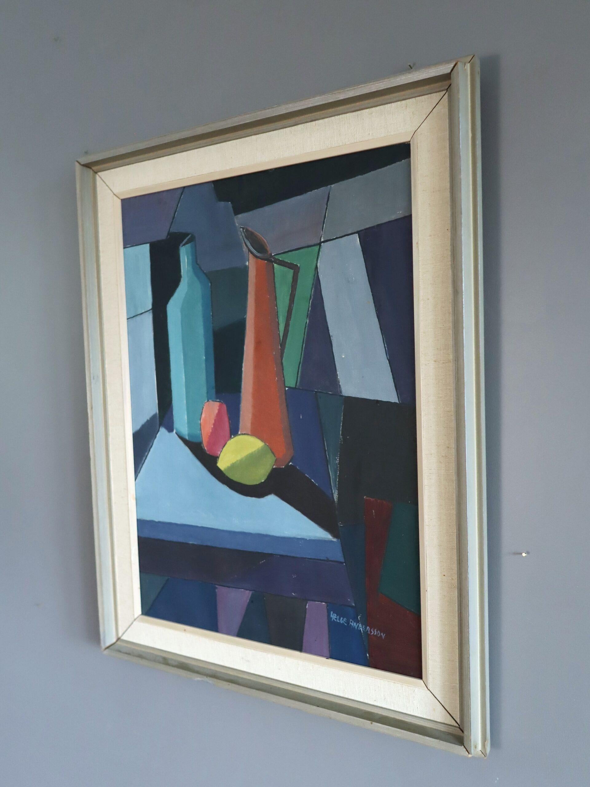 Peinture à l'huile géométrique suédoise du milieu du siècle dernier - Nature morte construite - Gris Still-Life Painting par Unknown