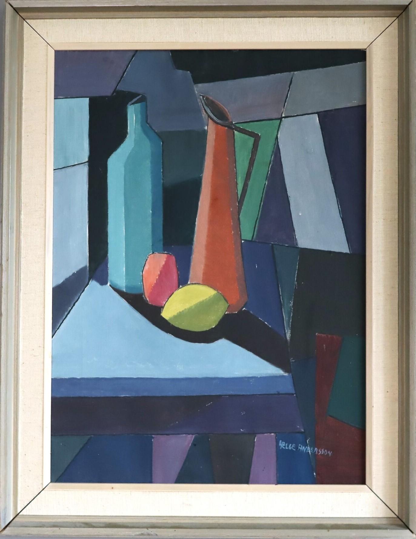 Mid Century Modern Swedish Geometric Oil Painting - Constructed Still Life