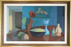 Mid Century Modern Swedish Geometric Oil Painting - Still Life with Cat Figurine