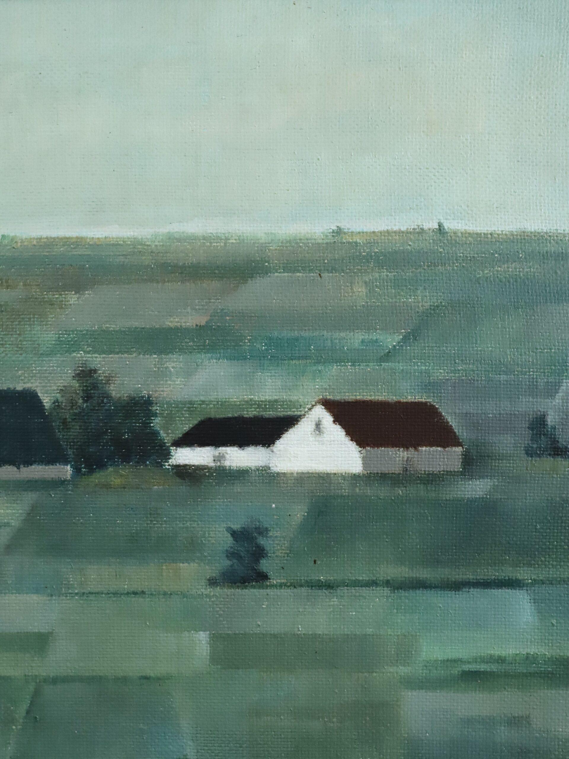 Pintura al óleo de mediados del siglo XX Paisaje verde sueco moderno - Geometría pastoral en venta 5