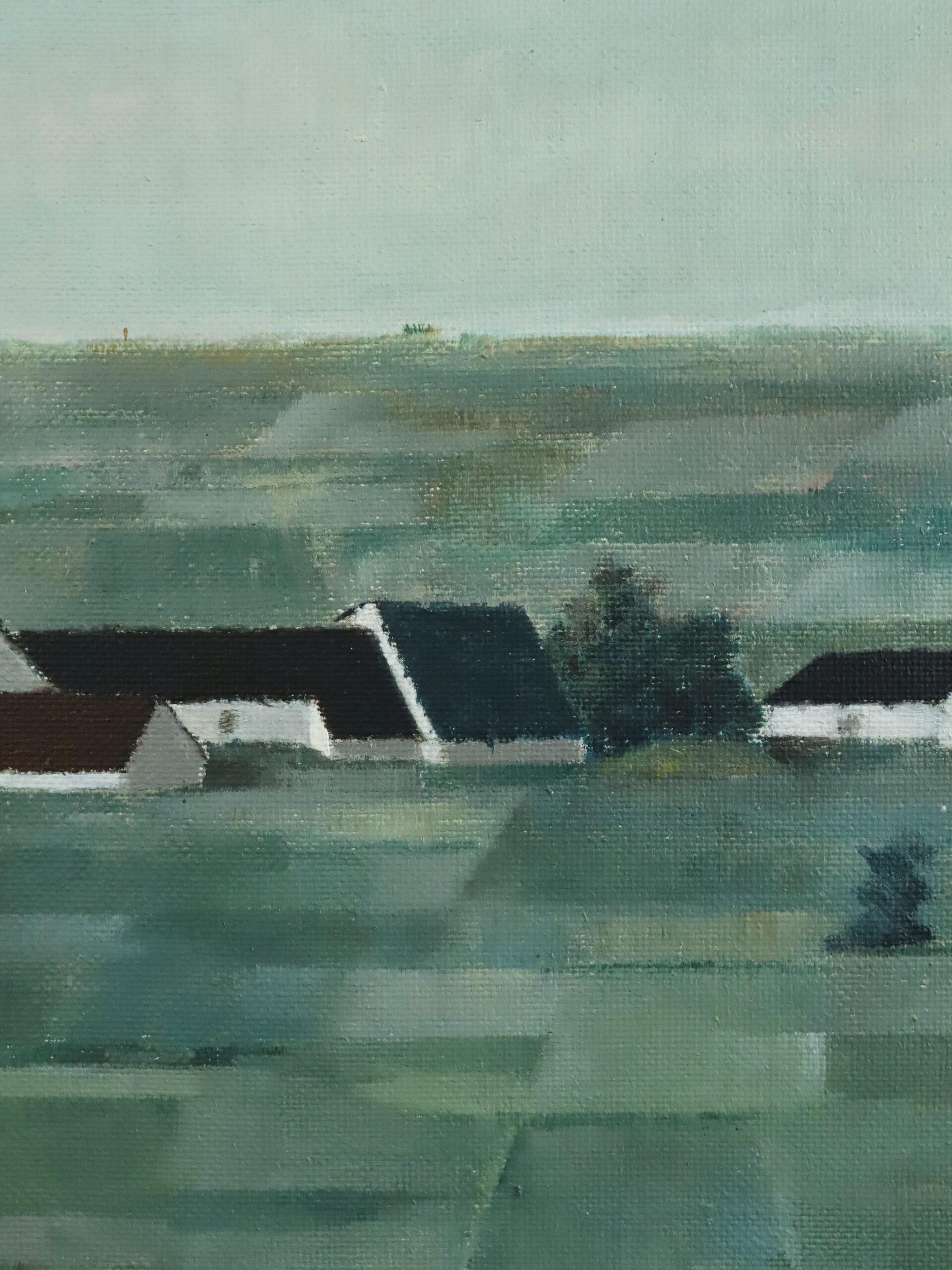 Pintura al óleo de mediados del siglo XX Paisaje verde sueco moderno - Geometría pastoral en venta 6