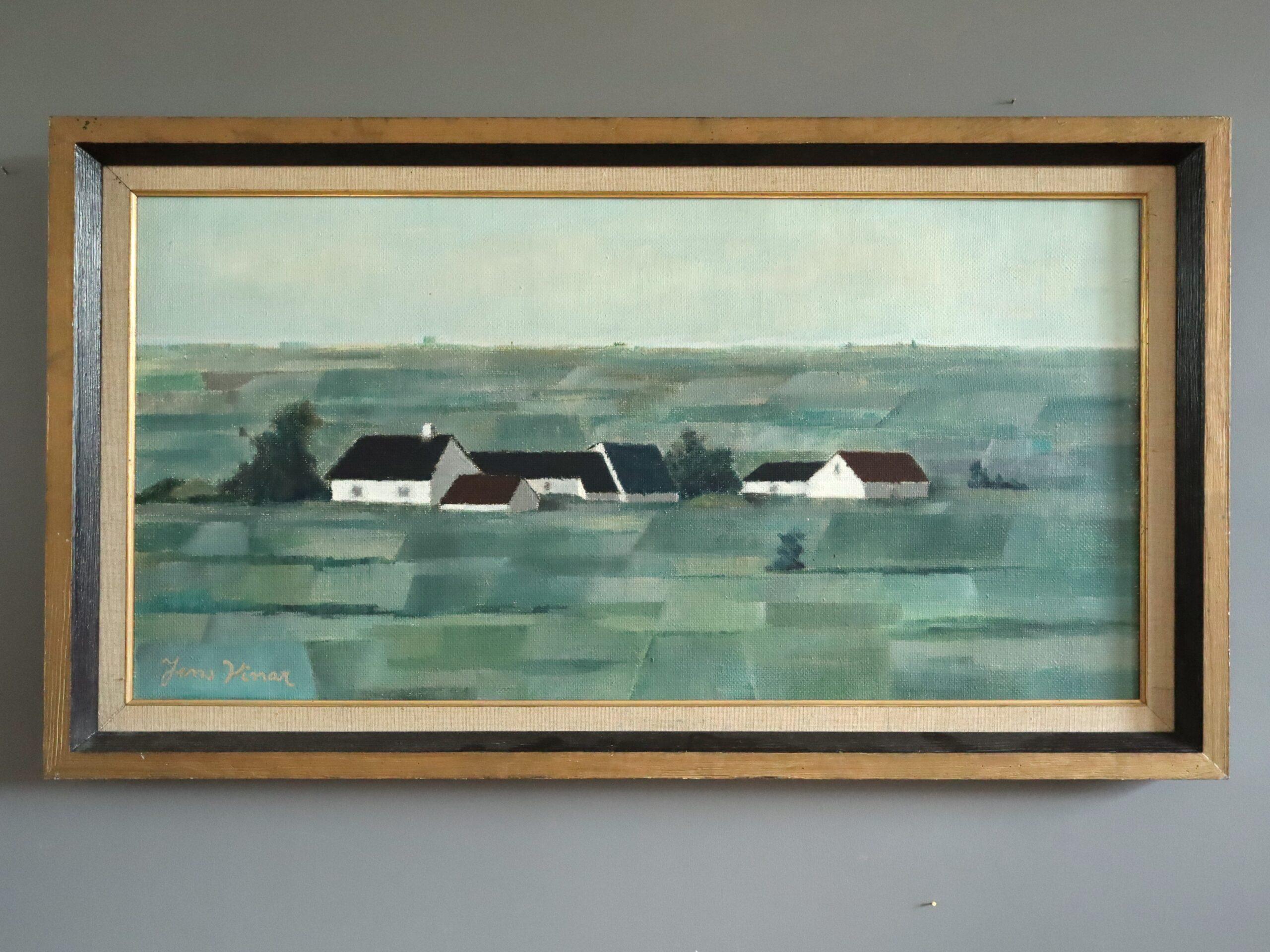 Mid Century Modern Schwedisch Grün Landschaft Ölgemälde - Pastoral Geometry – Painting von Unknown