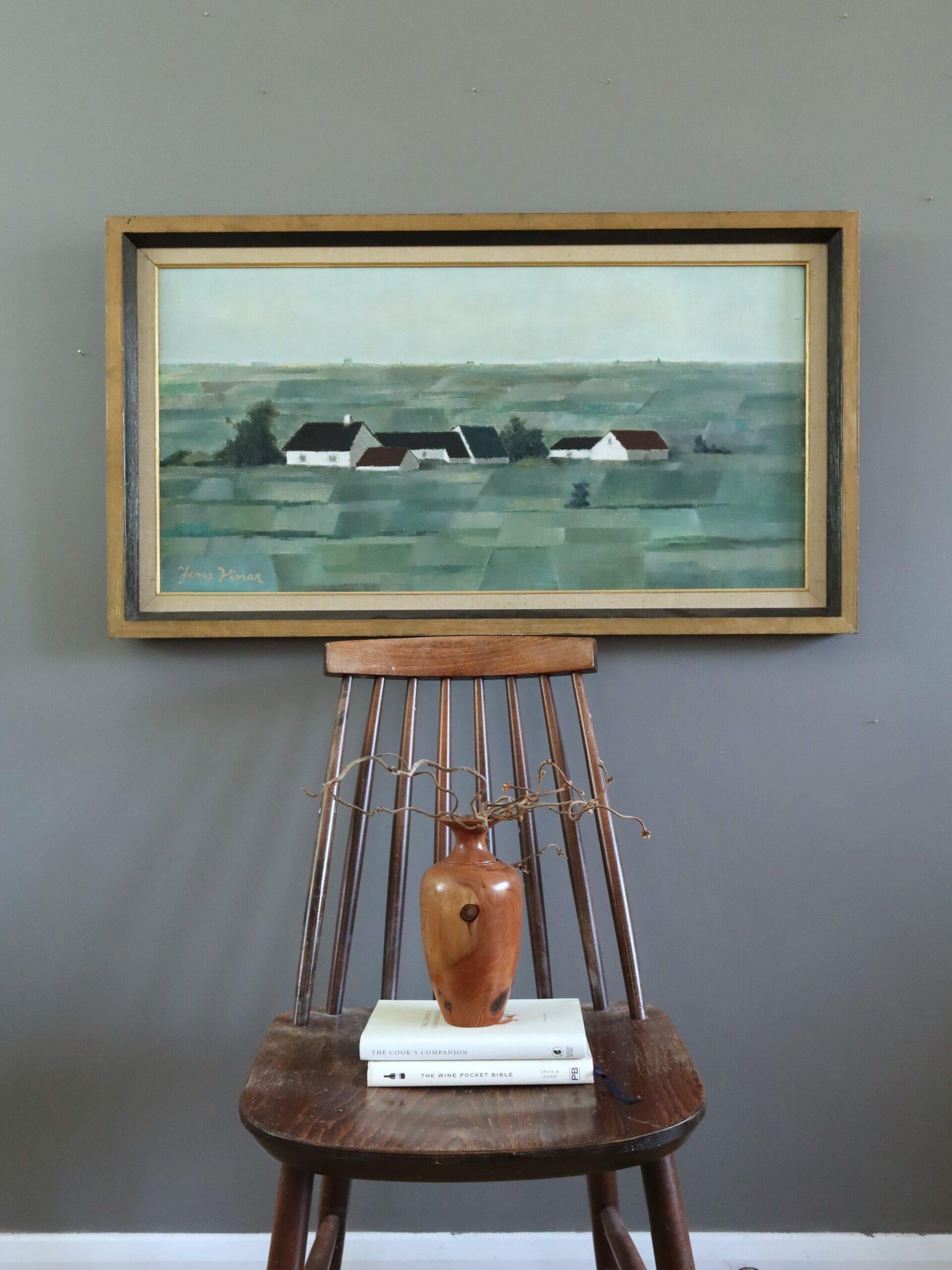 Mid Century Modern Schwedisch Grün Landschaft Ölgemälde - Pastoral Geometry (Moderne), Painting, von Unknown