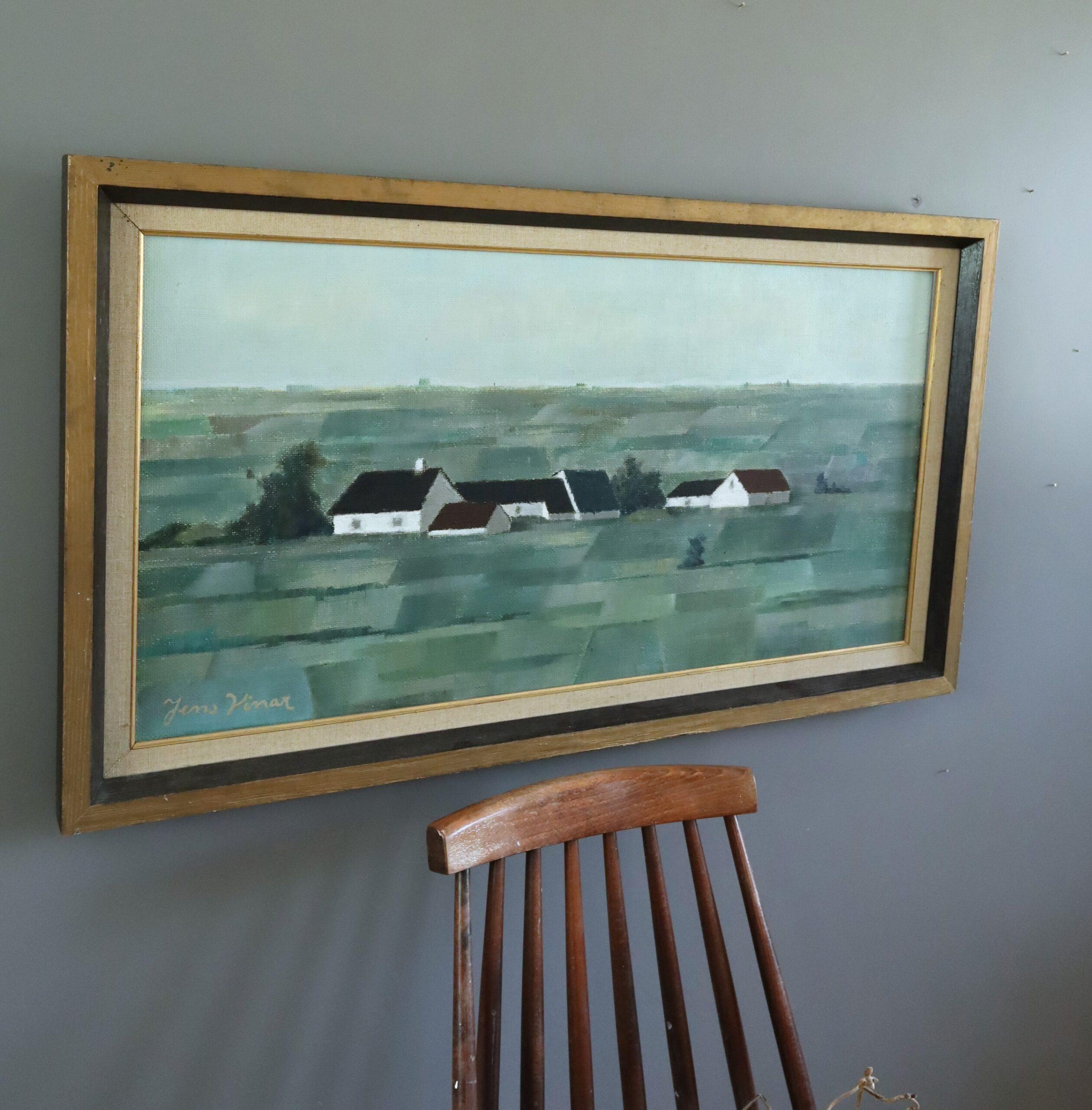 Mid Century Modern Schwedisch Grün Landschaft Ölgemälde - Pastoral Geometry (Grau), Landscape Painting, von Unknown