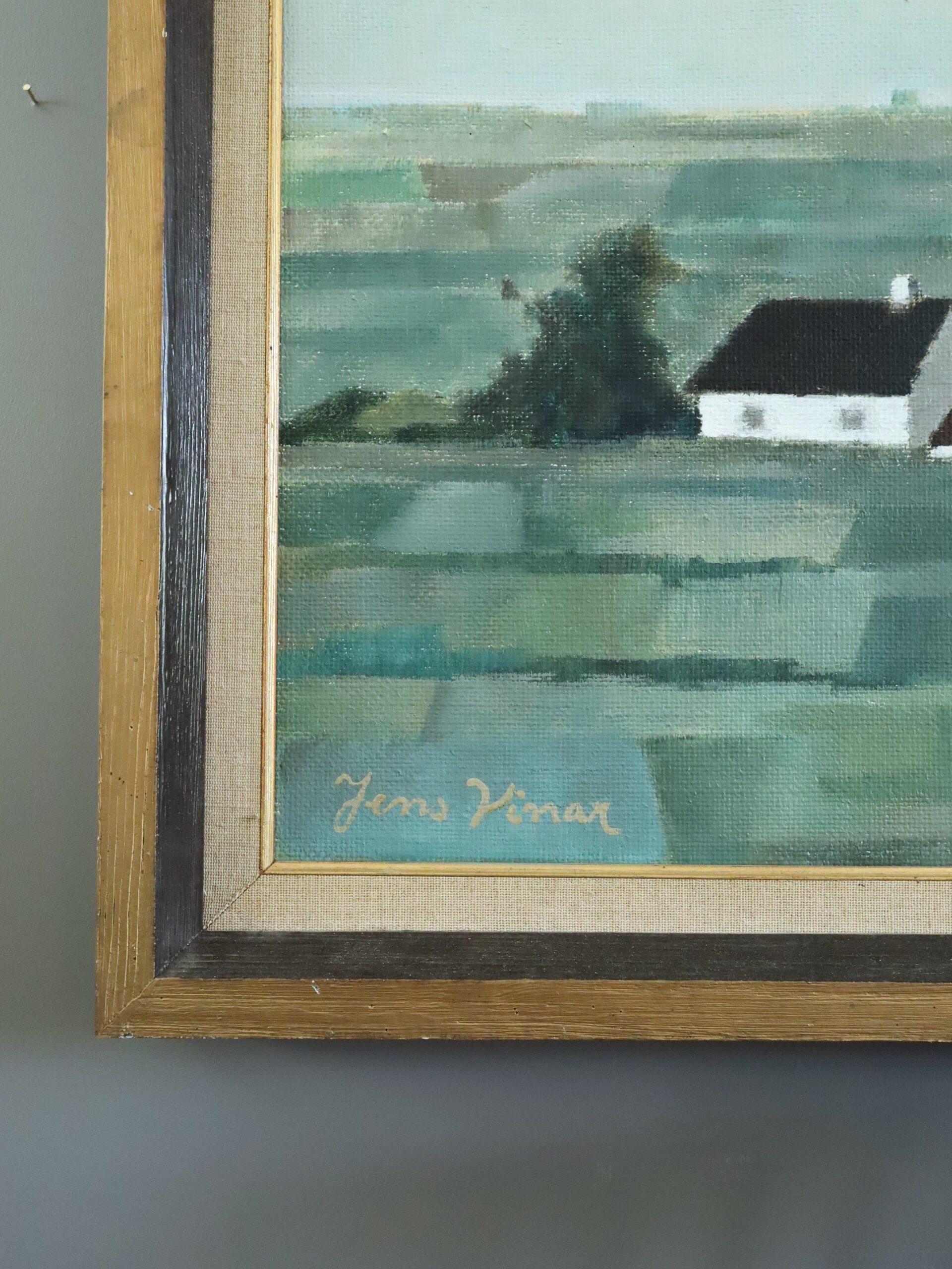 Pintura al óleo de mediados del siglo XX Paisaje verde sueco moderno - Geometría pastoral en venta 1