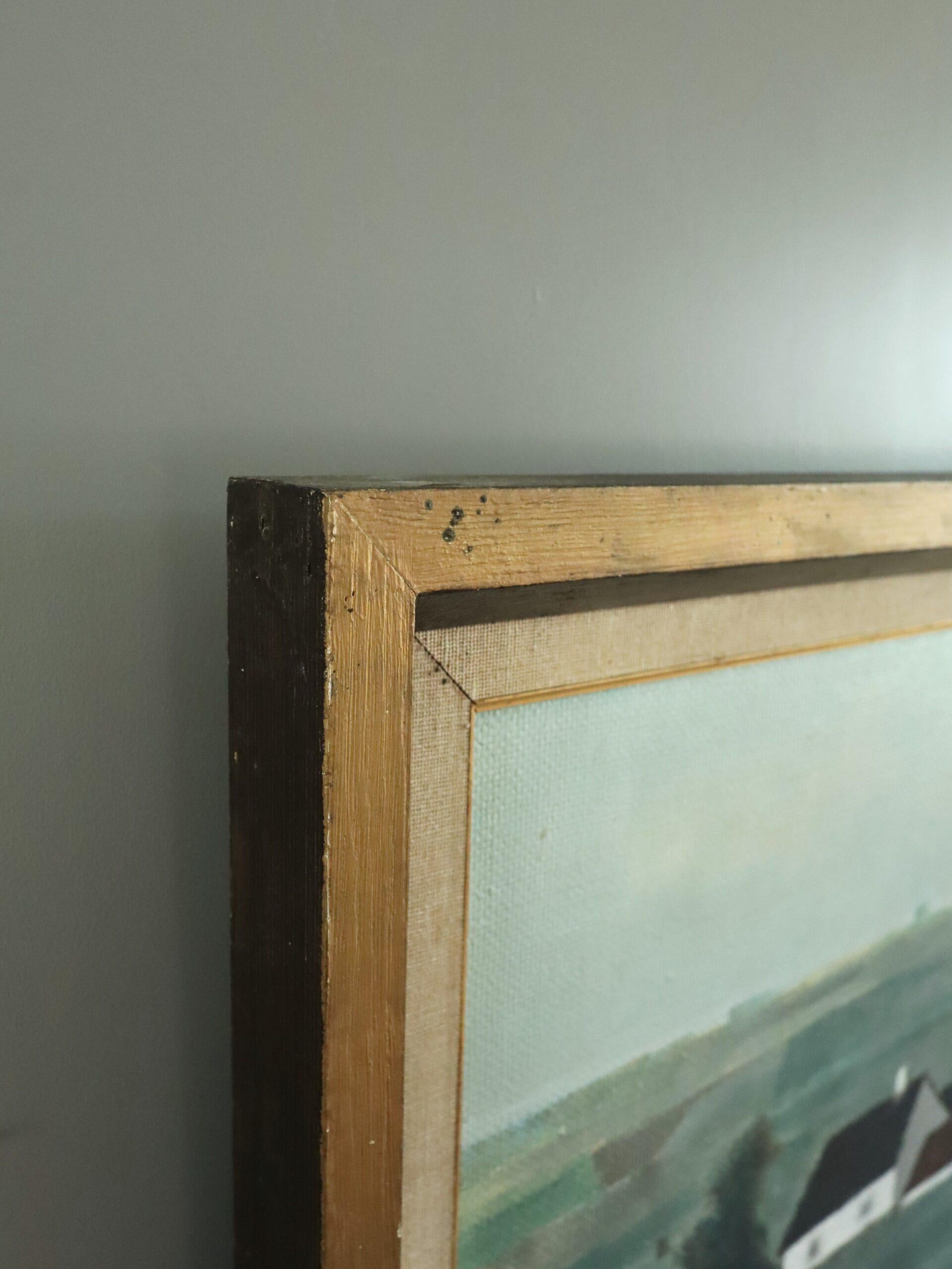 Mid Century Modern Schwedisch Grün Landschaft Ölgemälde - Pastoral Geometry im Angebot 2