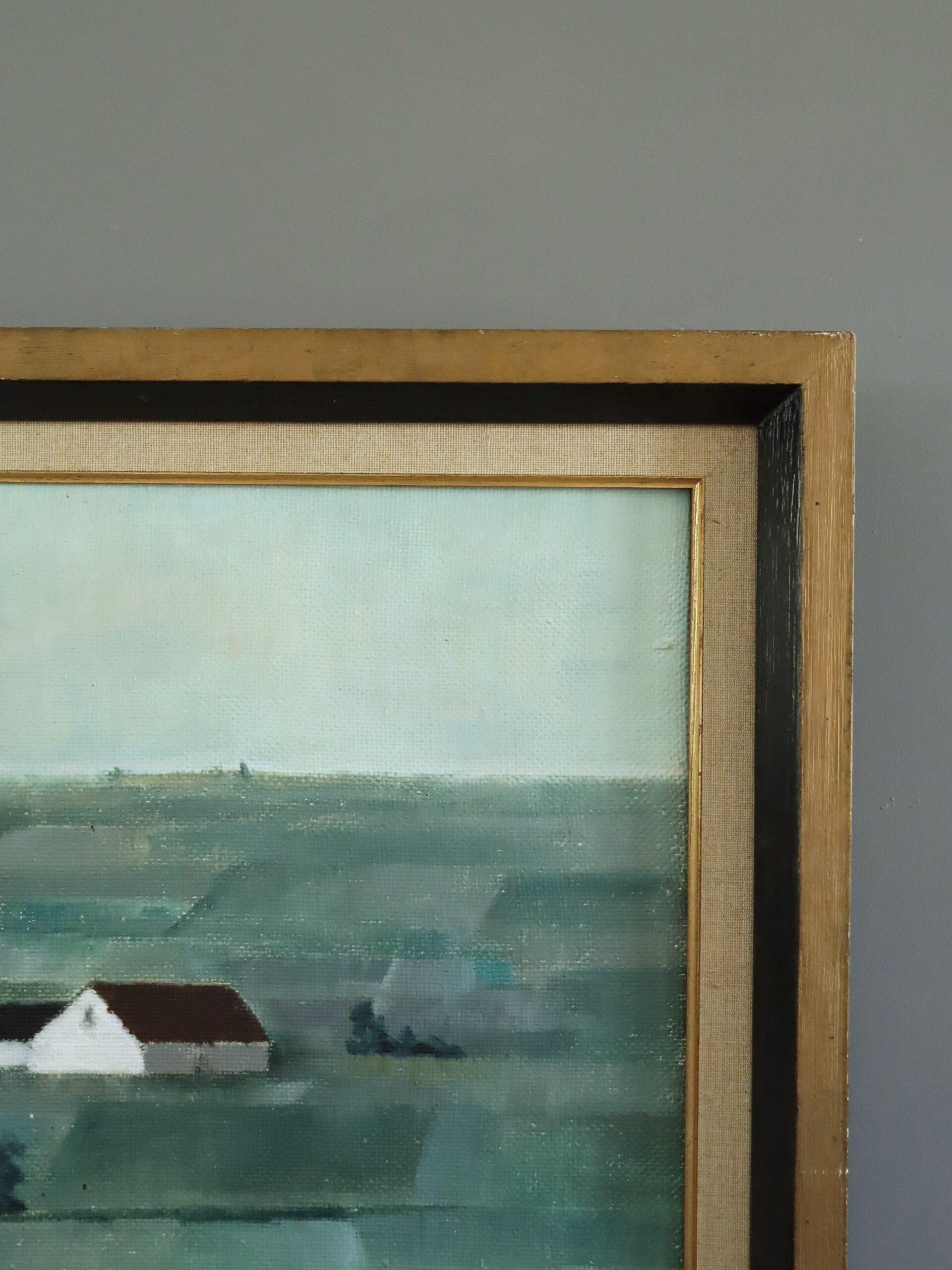 Pintura al óleo de mediados del siglo XX Paisaje verde sueco moderno - Geometría pastoral en venta 3