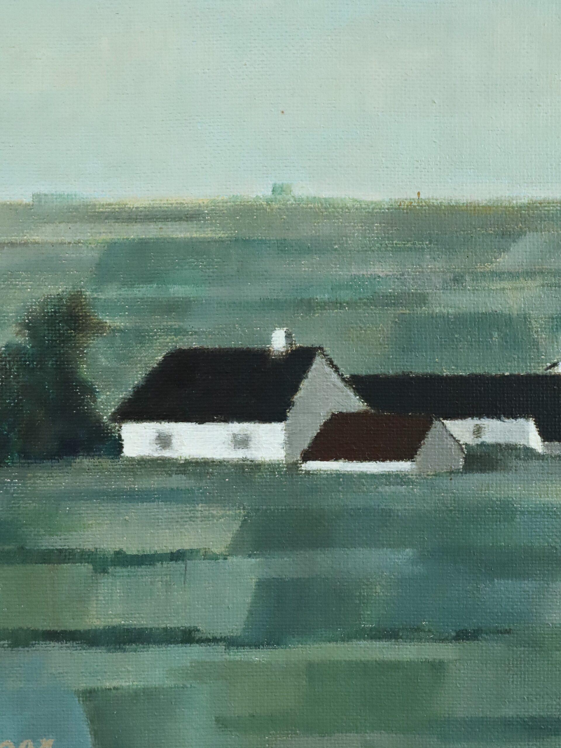 Mid Century Modern Schwedisch Grün Landschaft Ölgemälde - Pastoral Geometry im Angebot 4