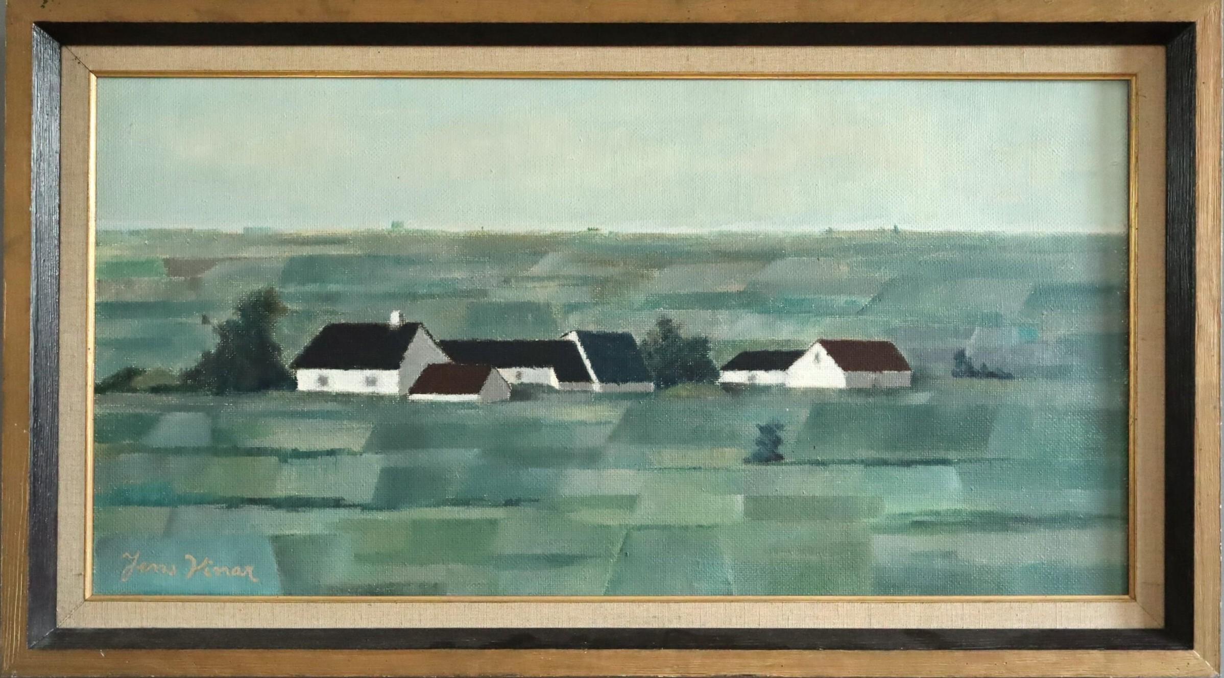 Landscape Painting de Unknown - Pintura al óleo de mediados del siglo XX Paisaje verde sueco moderno - Geometría pastoral