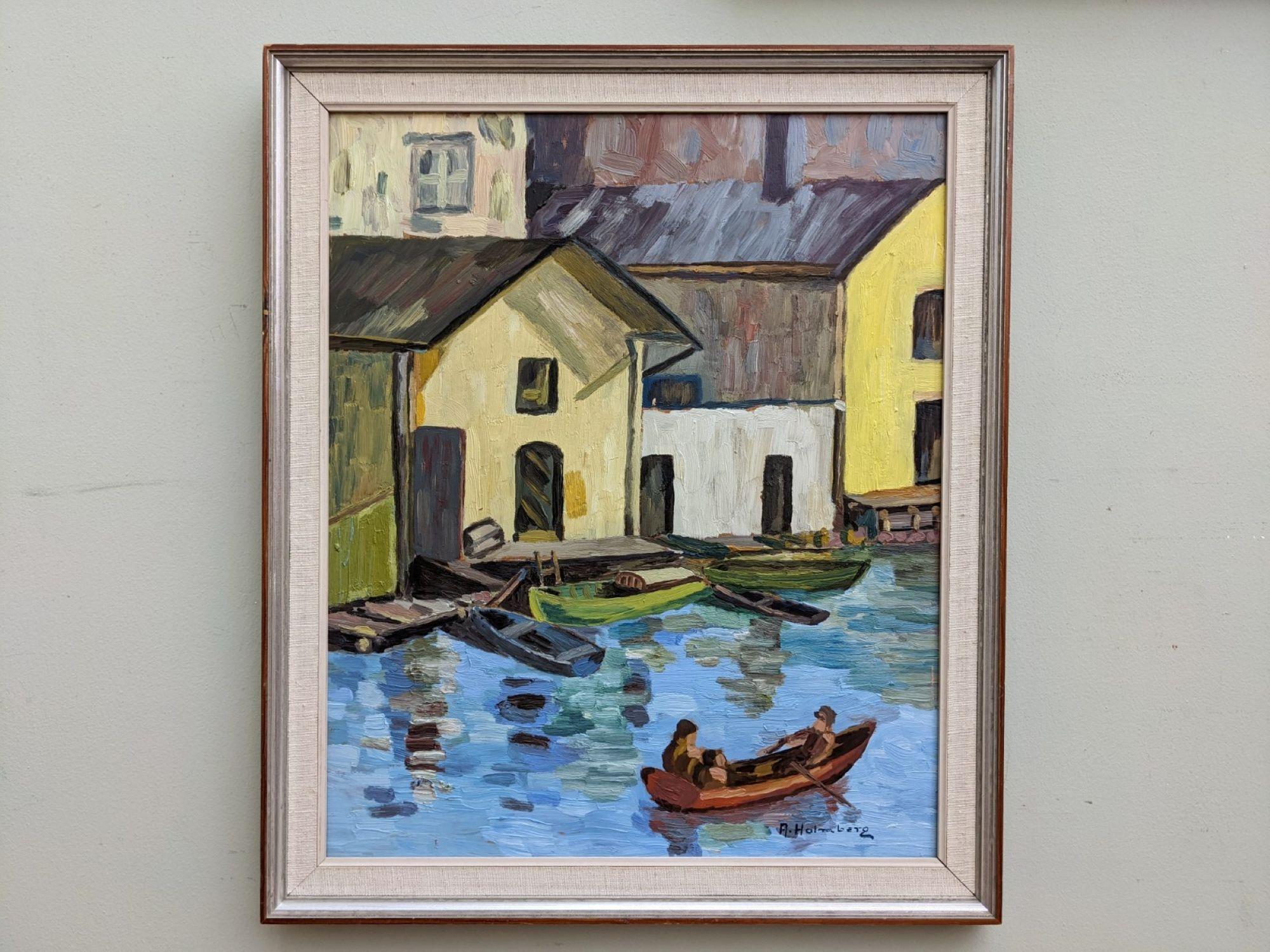 Unknown Landscape Painting - Mid-Century Modern Swedish "In the Skiff" Vintage River Scene Oil Painting