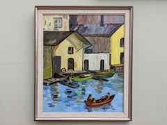 Mid-Century Modern Swedish "In the Skiff" Vintage River Scene Oil Painting