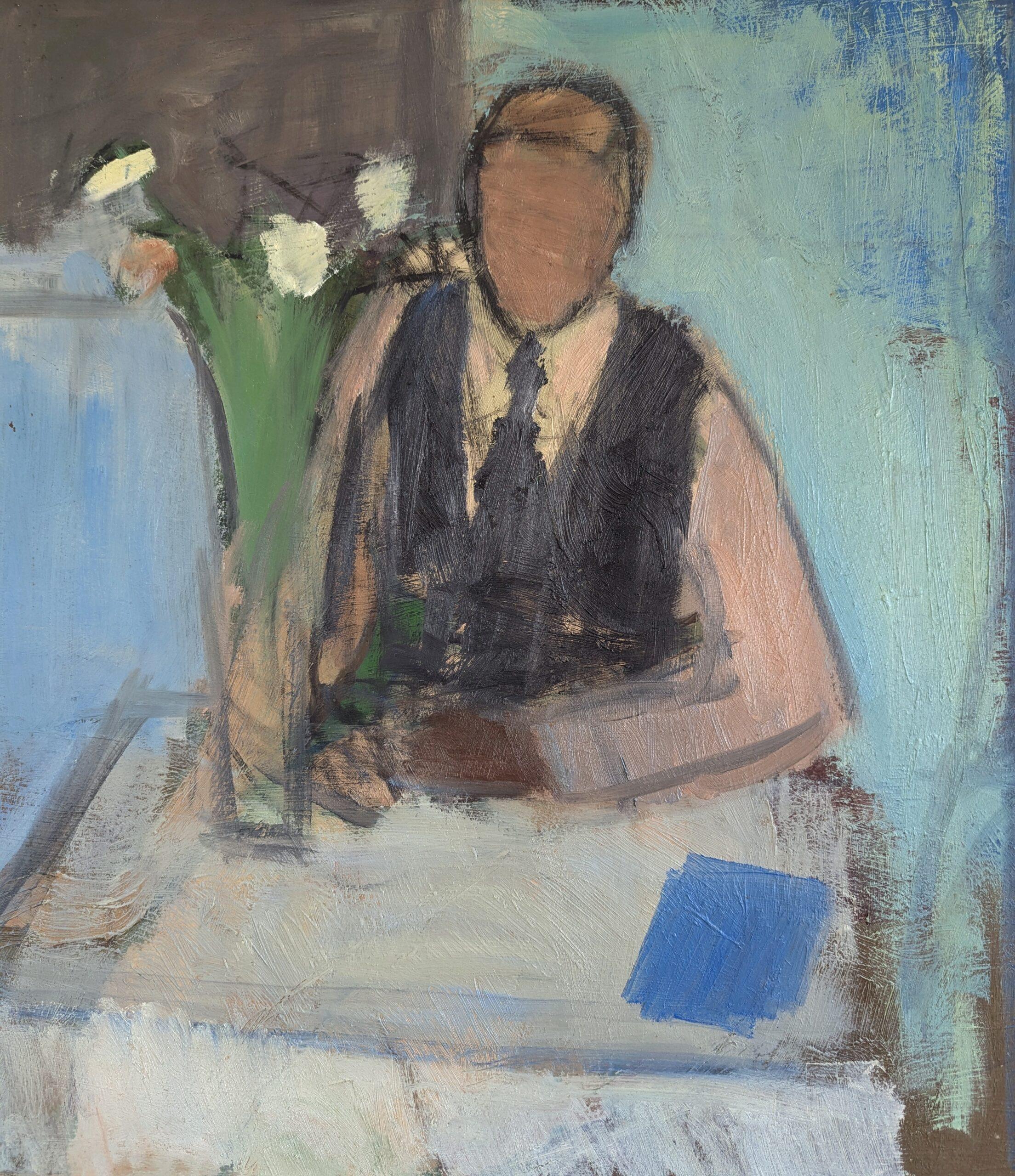 Pintura al óleo figurativa de interior sueca moderna de mediados de siglo - Hombre introspectivo en venta 5