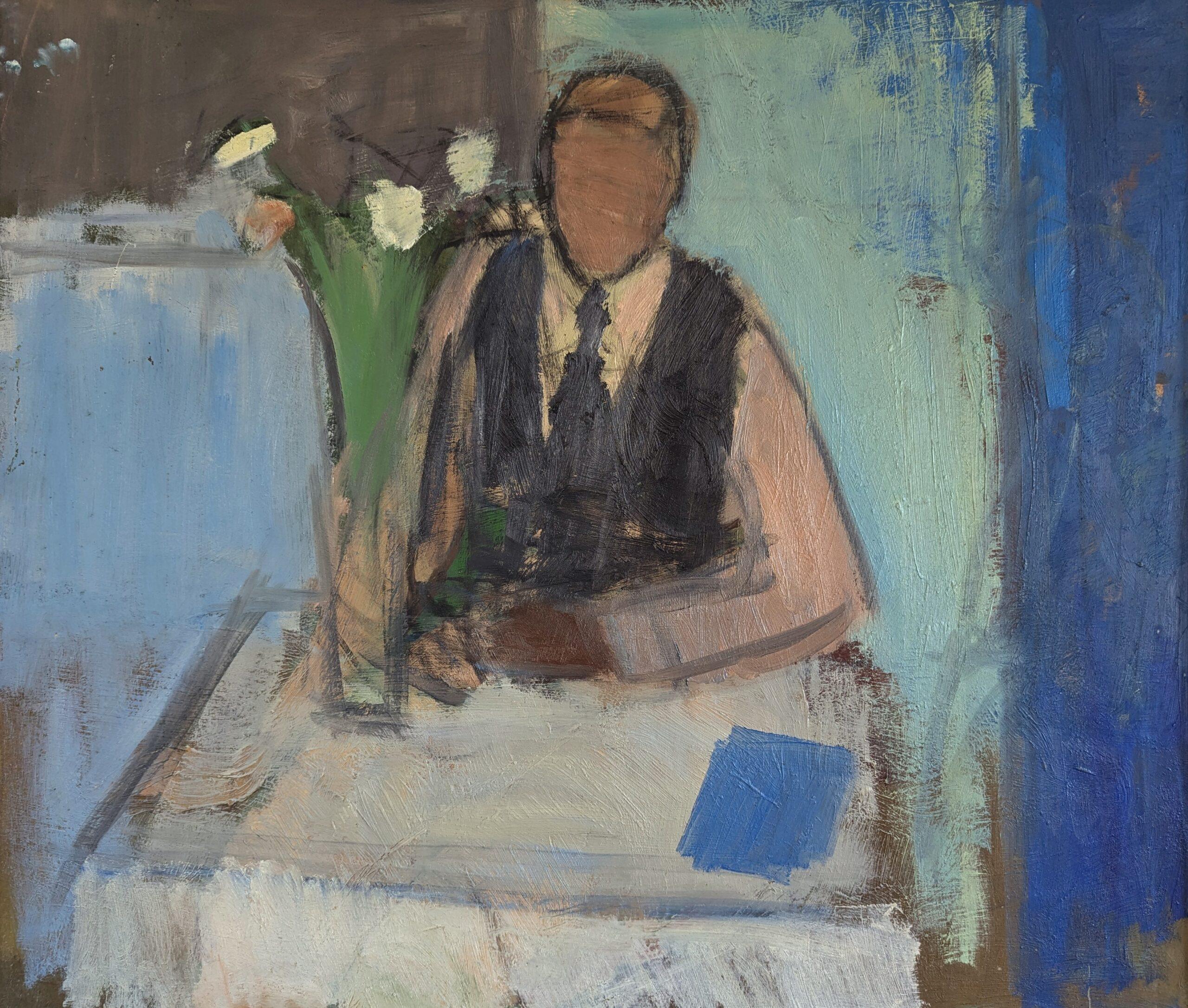 Pintura al óleo figurativa de interior sueca moderna de mediados de siglo - Hombre introspectivo en venta 6