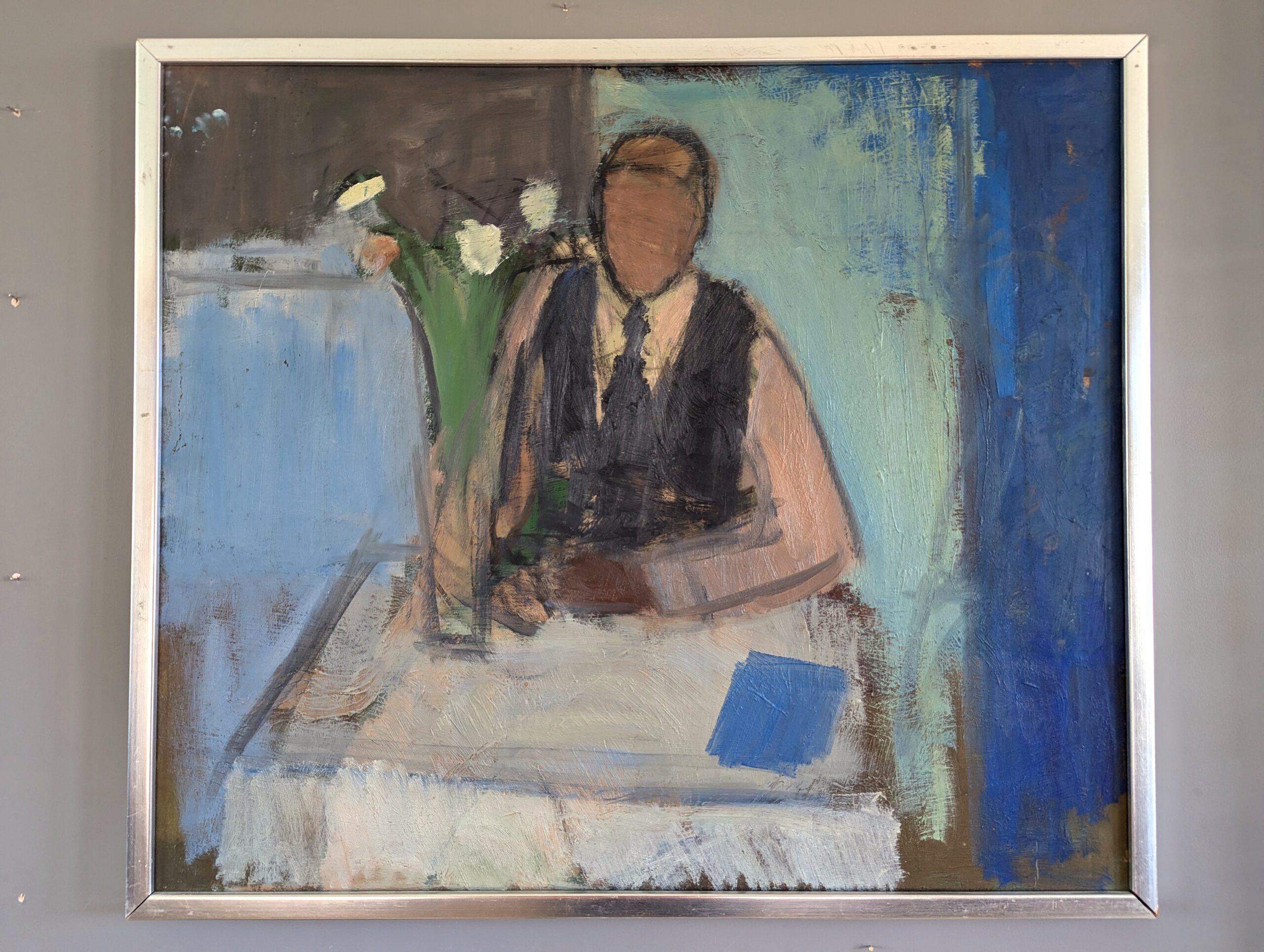 Pintura al óleo figurativa de interior sueca moderna de mediados de siglo - Hombre introspectivo - Painting de Unknown