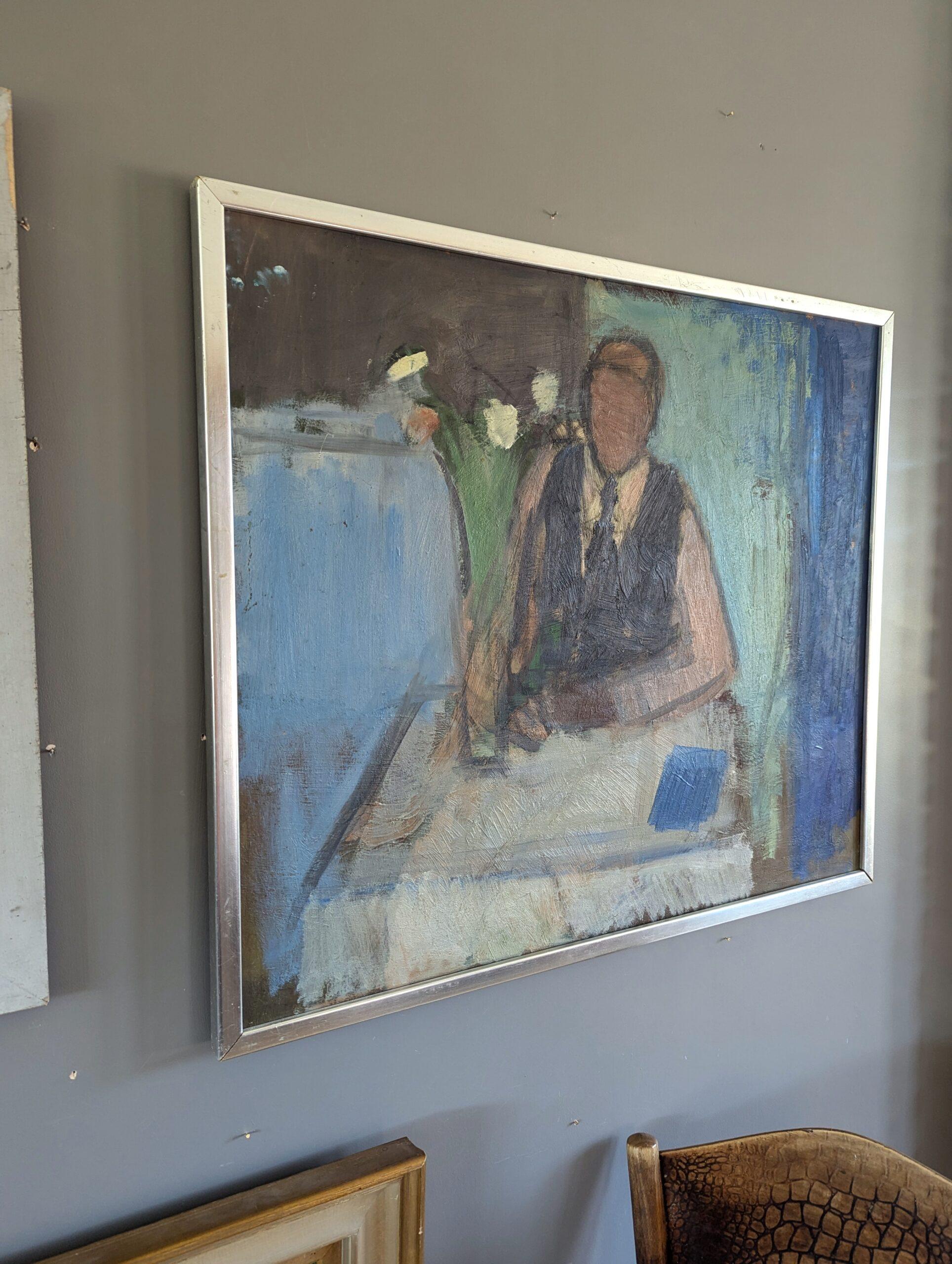 HOMBRE INTROSPECTIVO
Tamaño: 63,5 x 73 cm (incluido el marco)
Óleo sobre tabla

Gran composición figurativa modernista de mediados de siglo, pintada al óleo sobre tabla.

Este cuadro es un expresivo retrato semiabstracto realizado en un estilo