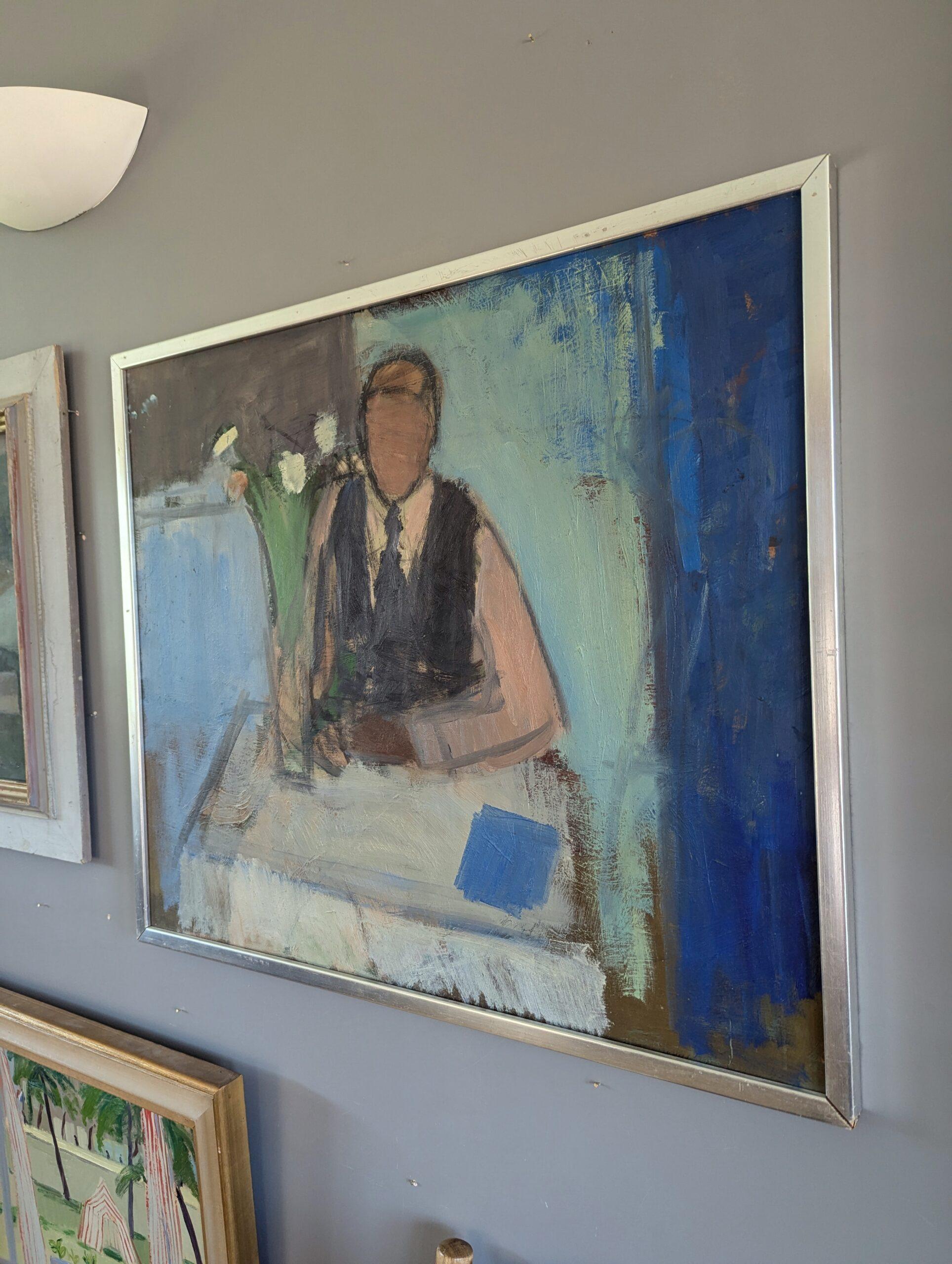 Pintura al óleo figurativa de interior sueca moderna de mediados de siglo - Hombre introspectivo en venta 1