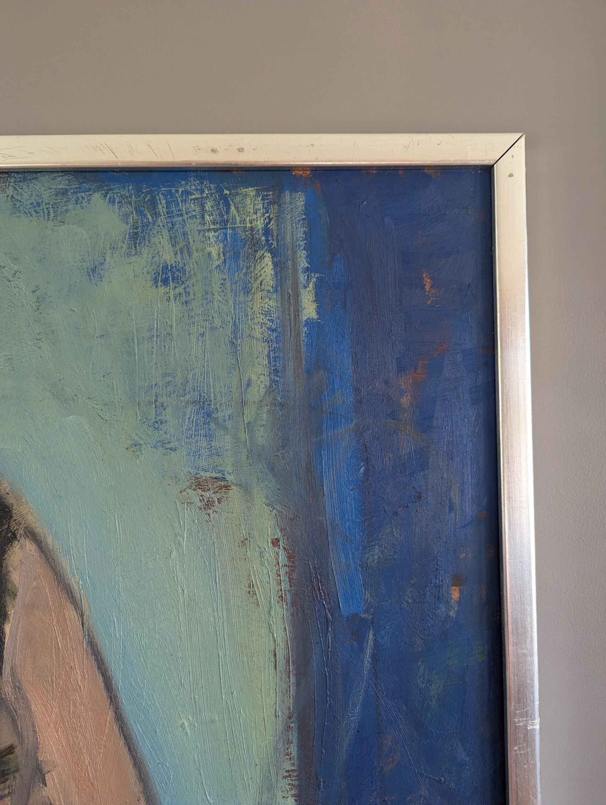 Pintura al óleo figurativa de interior sueca moderna de mediados de siglo - Hombre introspectivo en venta 3