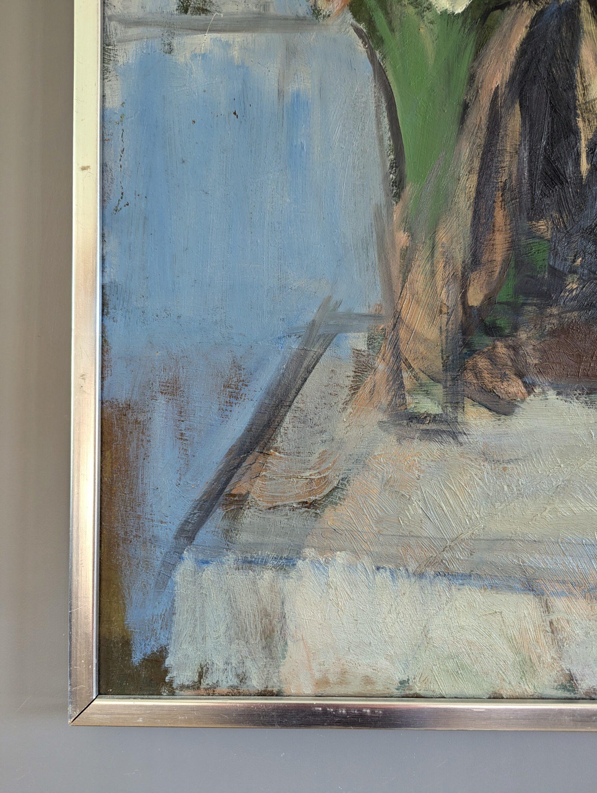 Pintura al óleo figurativa de interior sueca moderna de mediados de siglo - Hombre introspectivo en venta 4