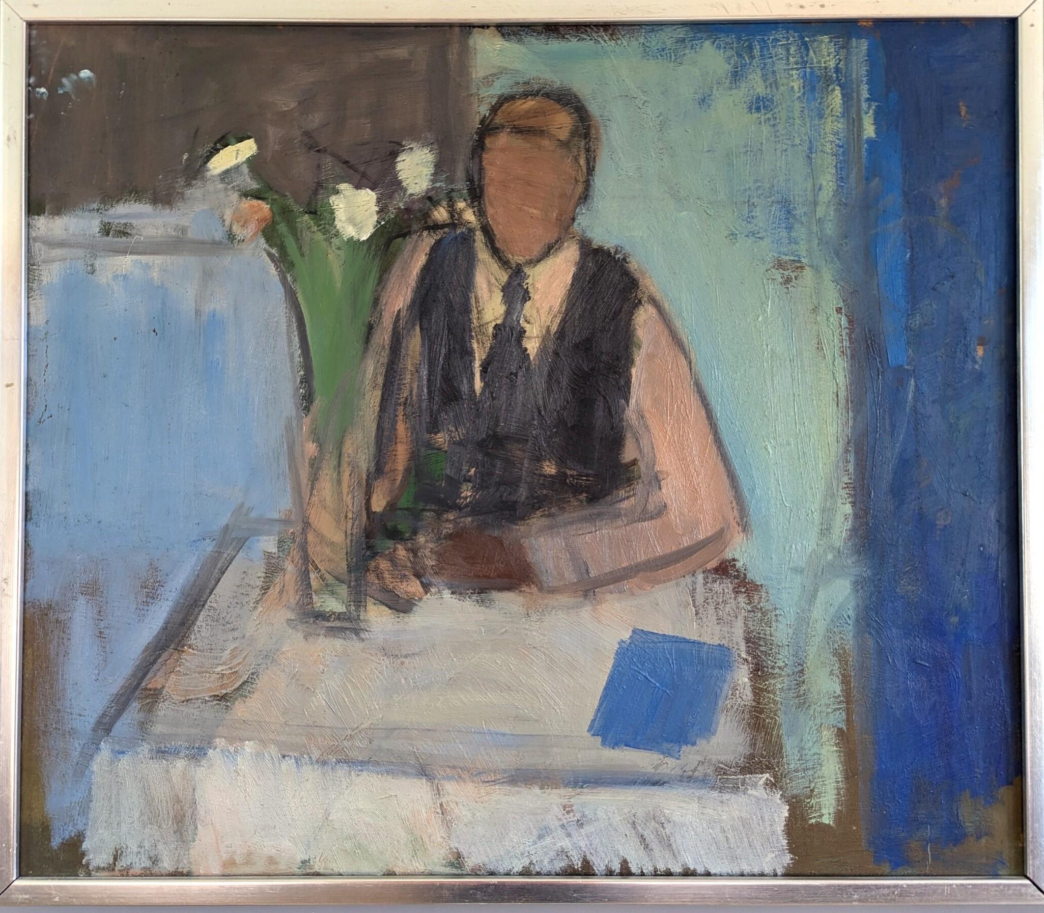 Pintura al óleo figurativa de interior sueca moderna de mediados de siglo - Hombre introspectivo