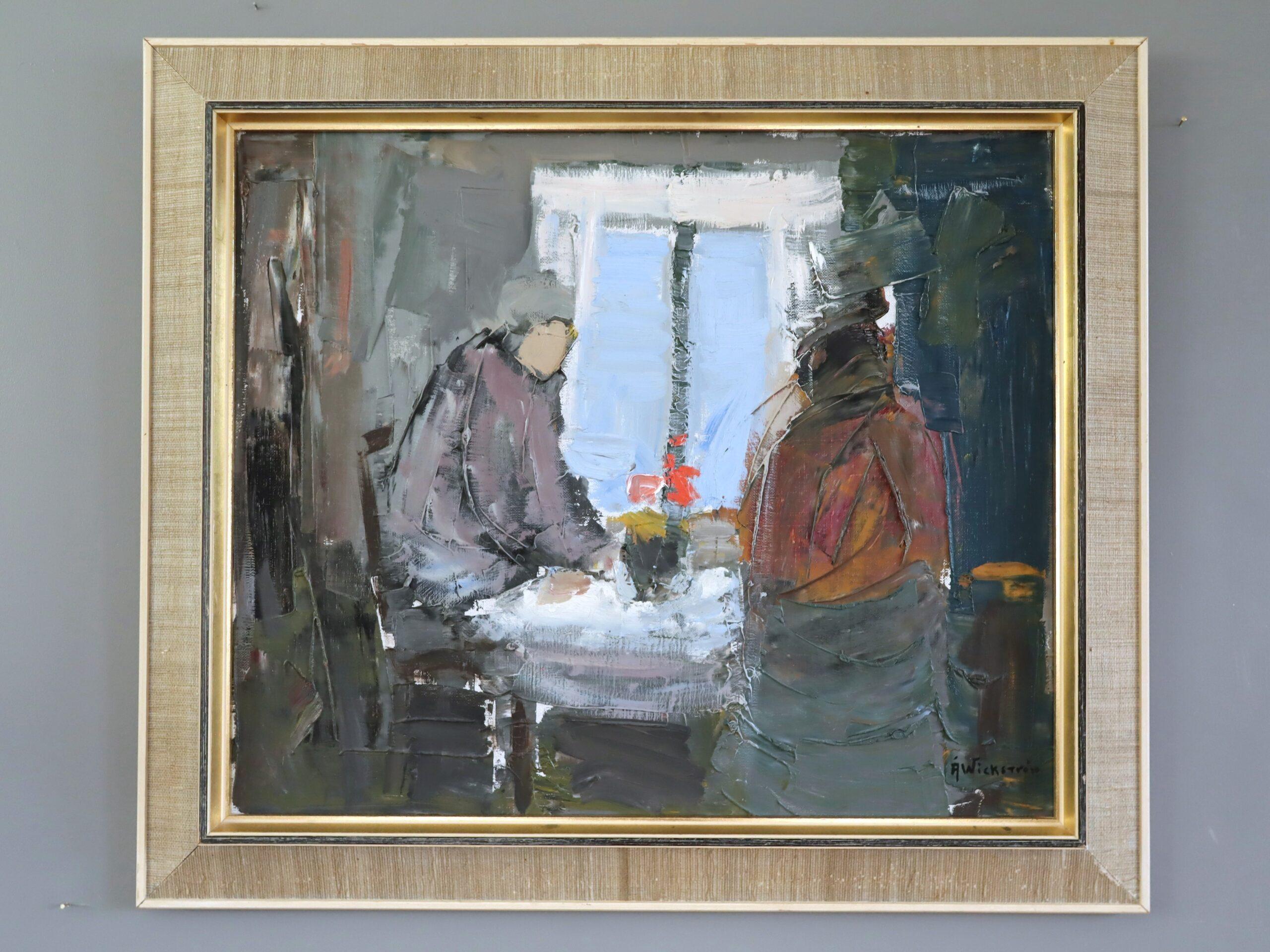 Schwedisches Interieur aus der Mitte des Jahrhunderts Figuratives Ölgemälde - Shared Moments – Painting von Unknown