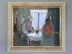 Peinture à l'huile figurative d'intérieur suédois du milieu du siècle dernier - Shared Moments