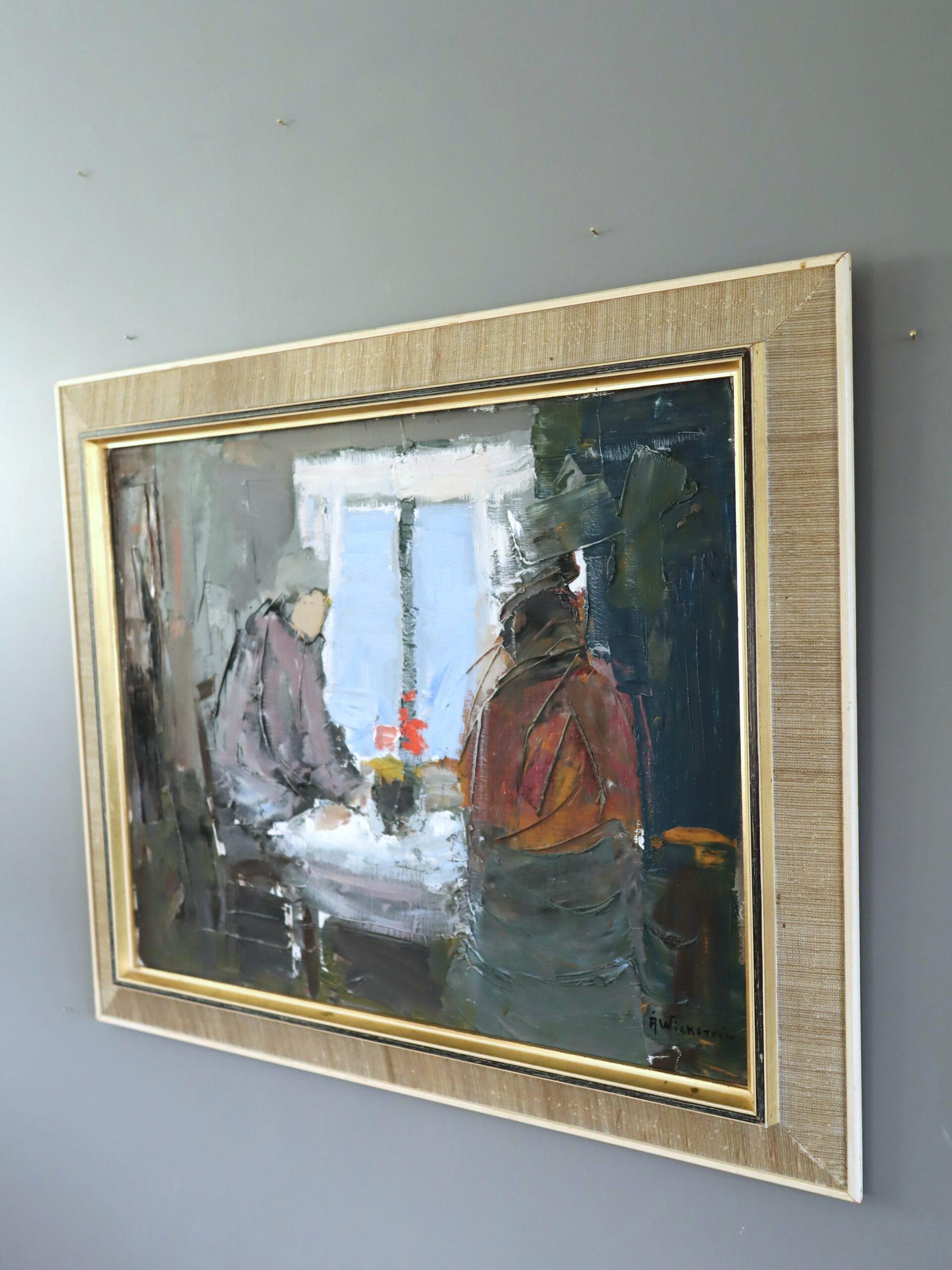 Schwedisches Interieur aus der Mitte des Jahrhunderts Figuratives Ölgemälde - Shared Moments (Grau), Figurative Painting, von Unknown