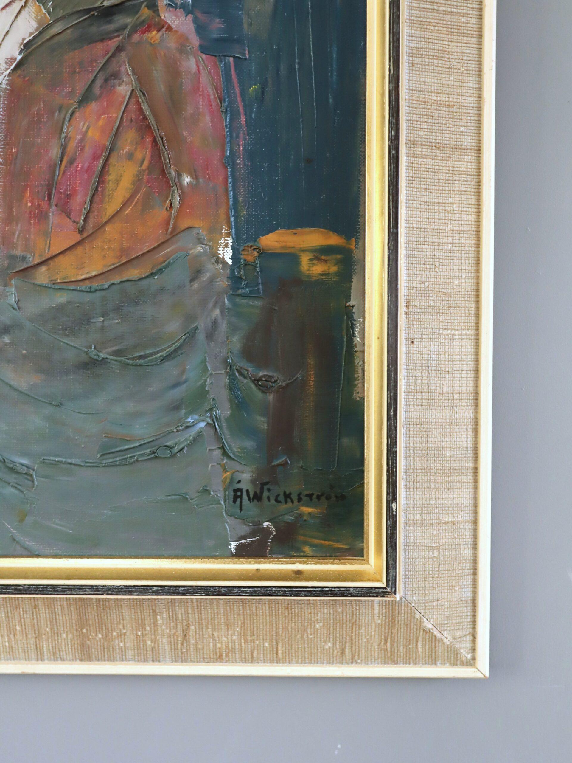 Schwedisches Interieur aus der Mitte des Jahrhunderts Figuratives Ölgemälde - Shared Moments im Angebot 1