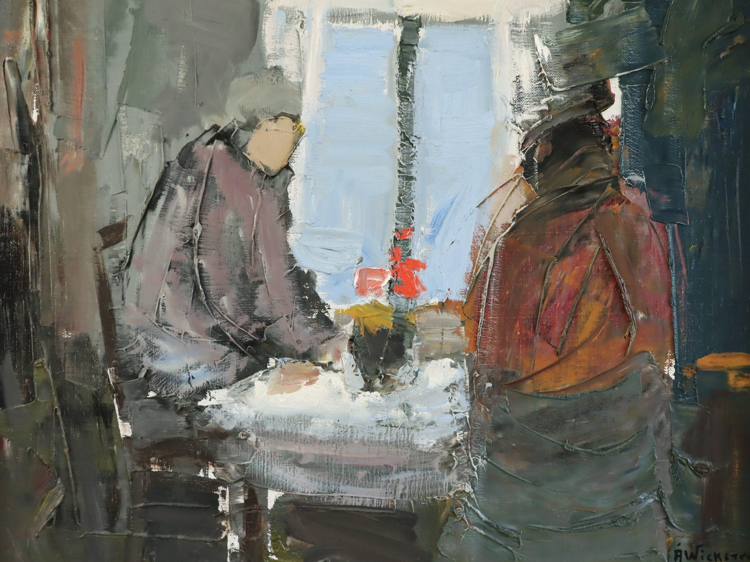 Schwedisches Interieur aus der Mitte des Jahrhunderts Figuratives Ölgemälde - Shared Moments im Angebot 2