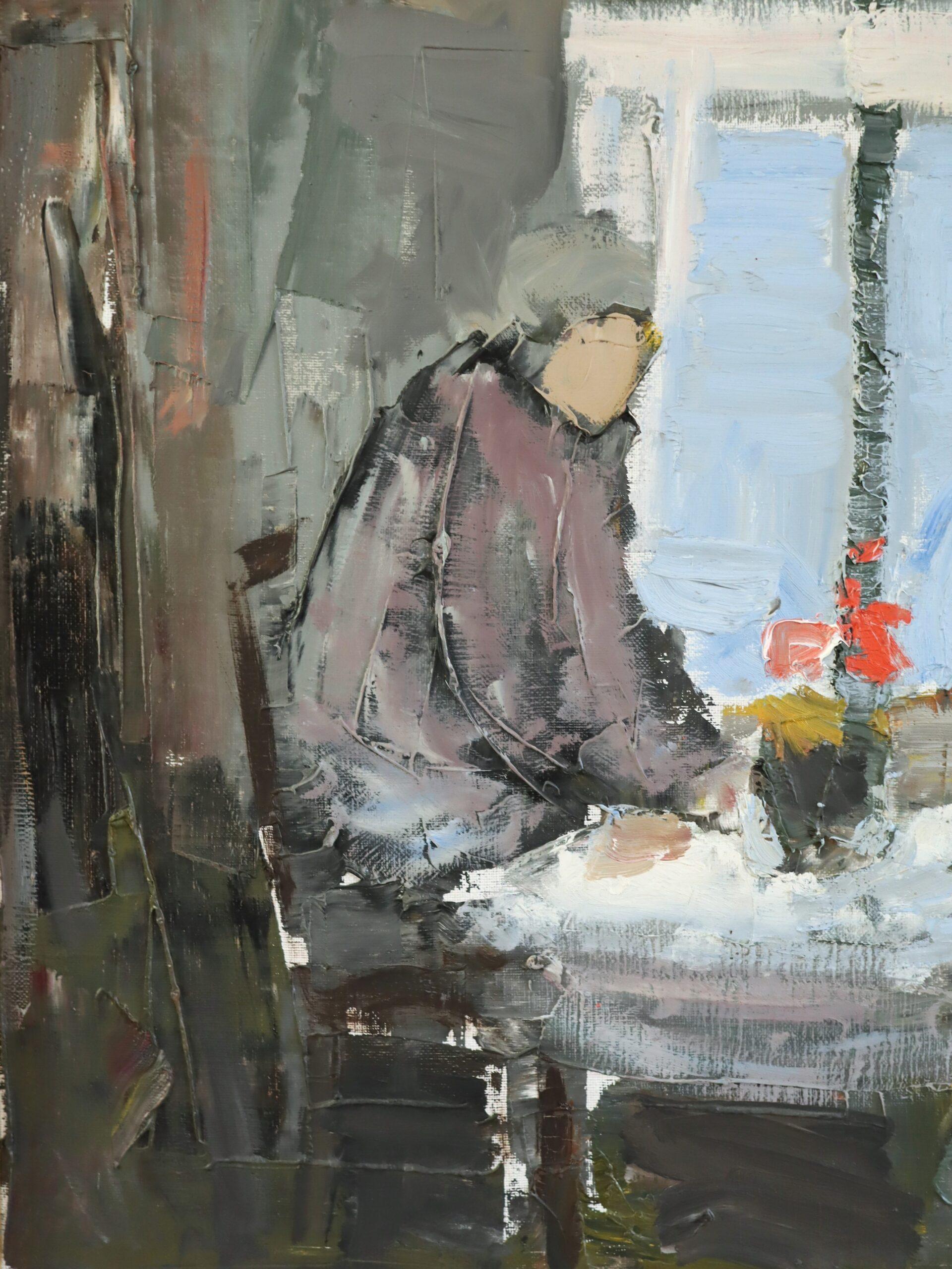 Schwedisches Interieur aus der Mitte des Jahrhunderts Figuratives Ölgemälde - Shared Moments im Angebot 3