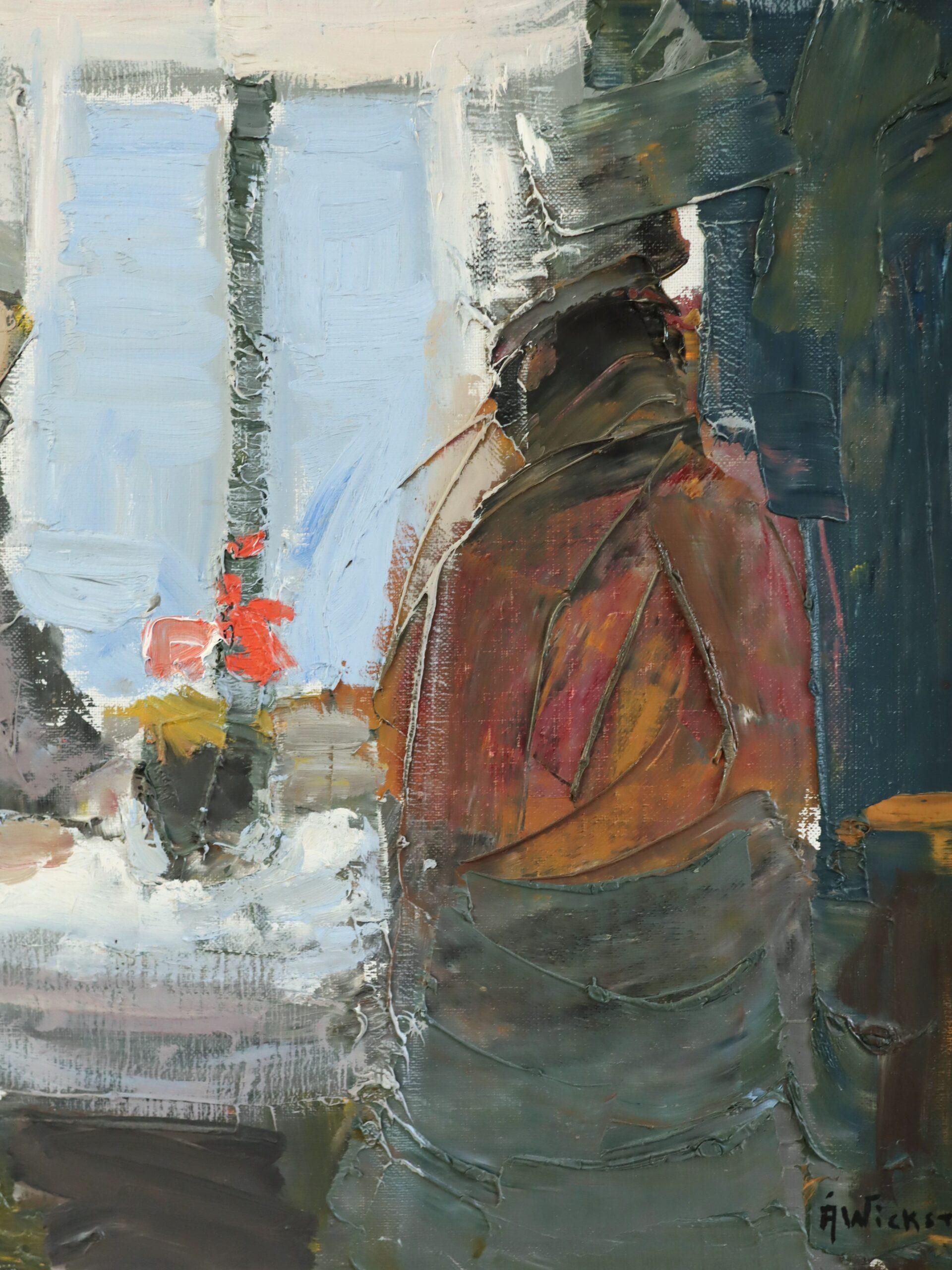 Schwedisches Interieur aus der Mitte des Jahrhunderts Figuratives Ölgemälde - Shared Moments im Angebot 4