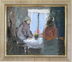Mid Century Modern Swedish Interior Figurative Oil Painting - Shared Moments