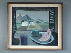 Mid Century Modern Swedish Interior Oil Painting - Still Life with Mountain View