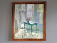 Mid Century Modern Swedish Interior Still Life Oil Painting - Sunlight & Table