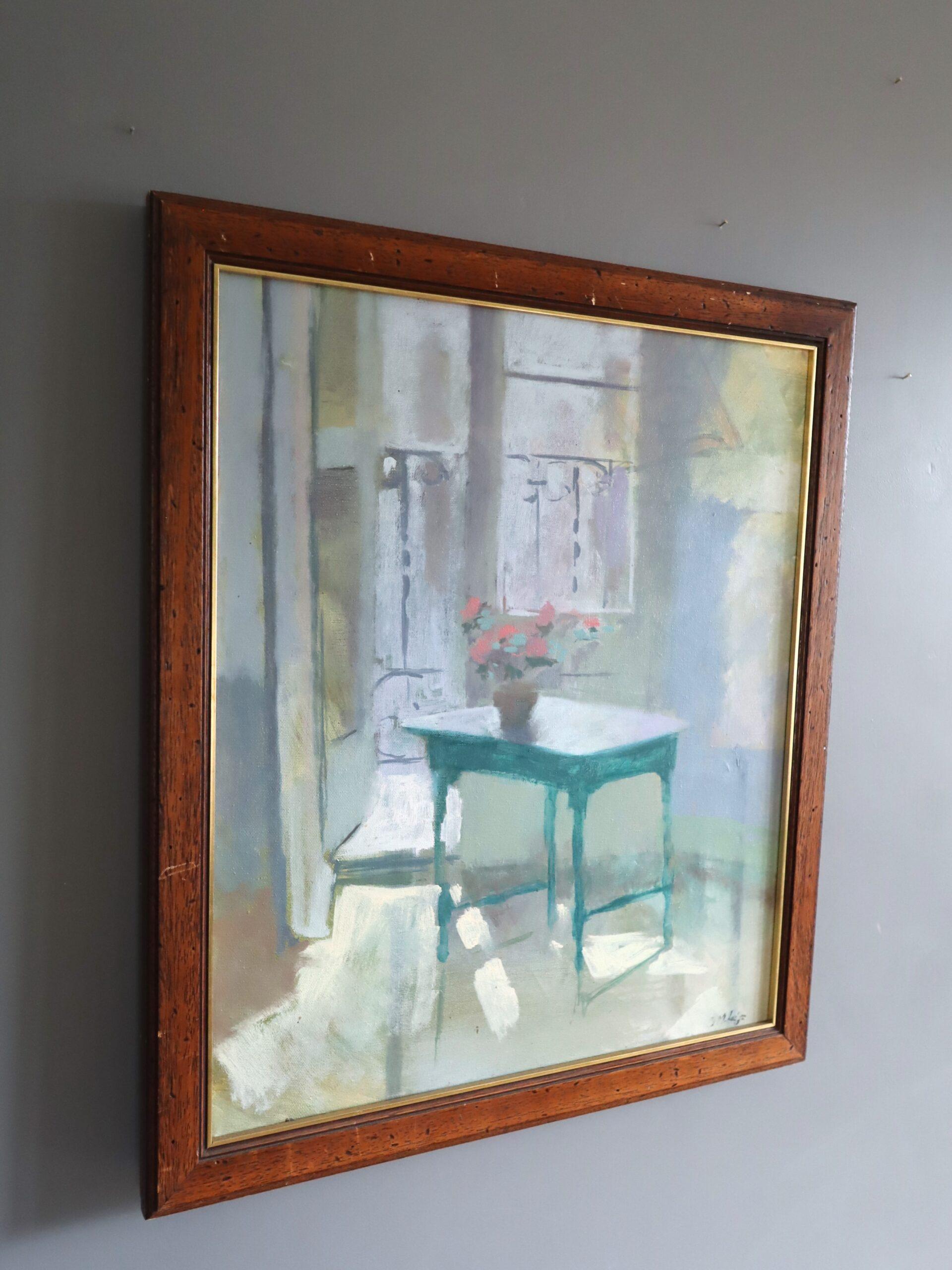 Nature morte d'intérieur suédoise du milieu du siècle - Lumière du soleil et table - Moderne Painting par Unknown