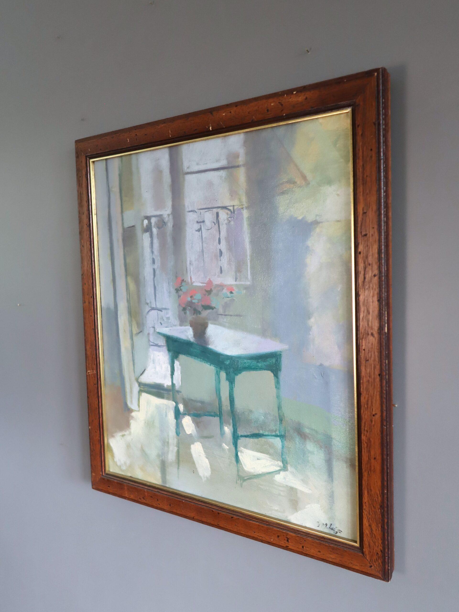 Nature morte d'intérieur suédoise du milieu du siècle - Lumière du soleil et table - Gris Interior Painting par Unknown