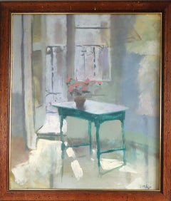 Mid Century Modern Swedish Interior Still Life Oil Painting - Sunlight & Table