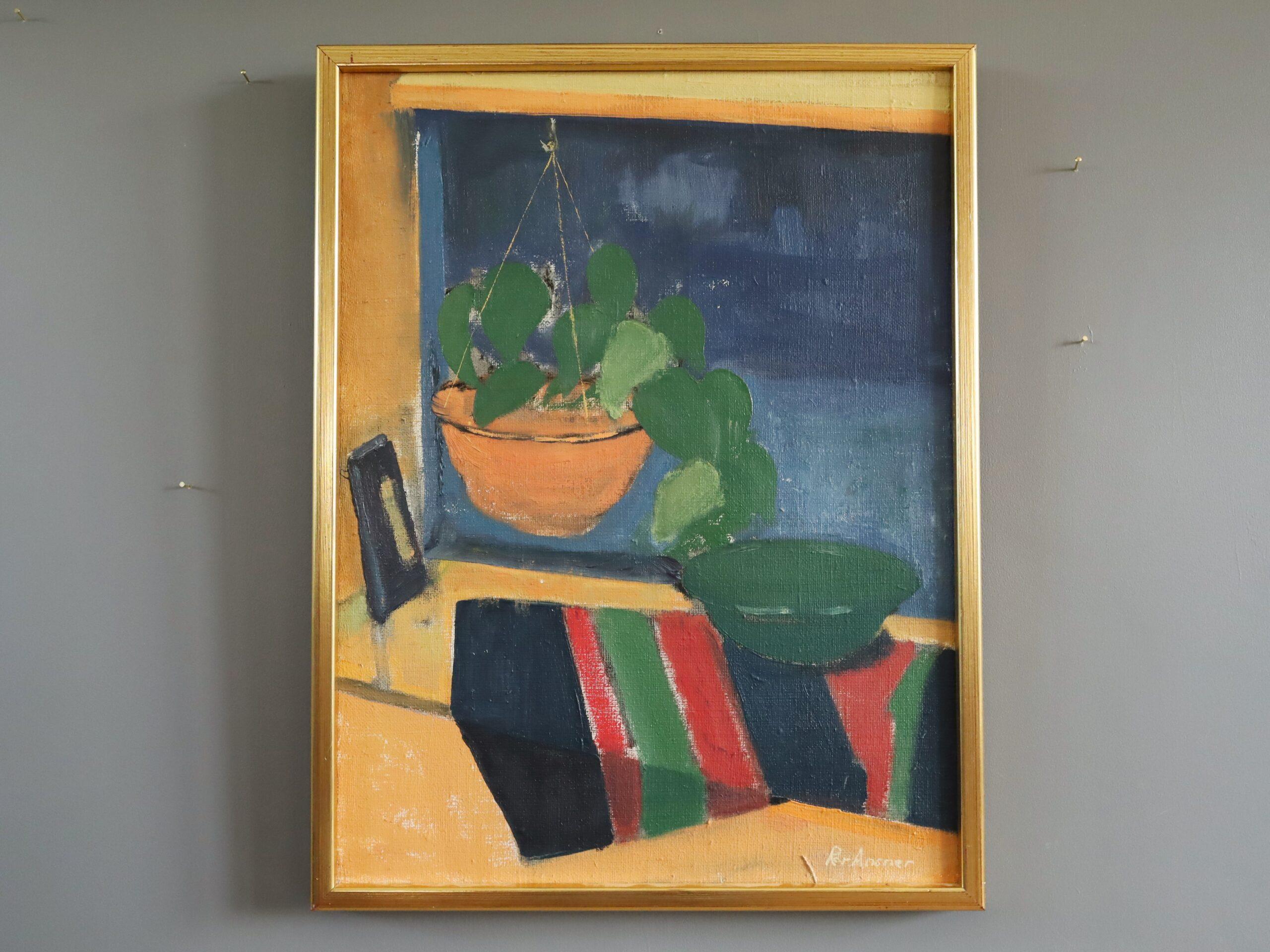 Mid Century Modern Swedish Interior Still Life Ölgemälde - The Striped Cloth – Painting von Unknown