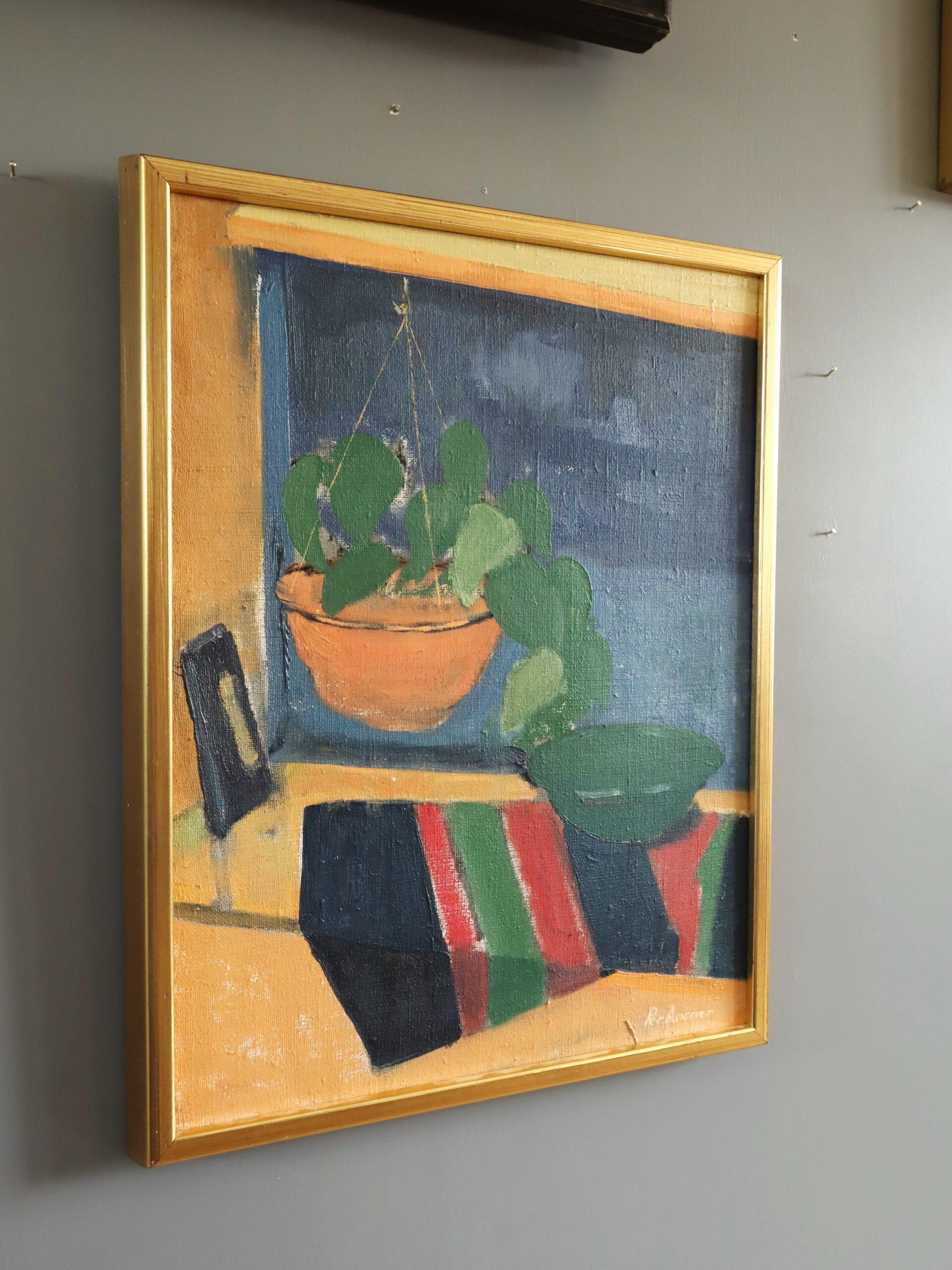 Mid Century Modern Swedish Interior Still Life Ölgemälde - The Striped Cloth (Moderne), Painting, von Unknown