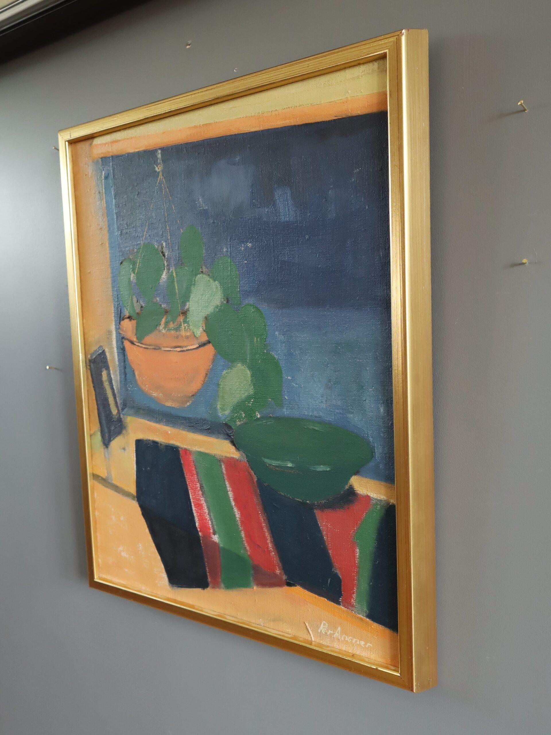 Mid Century Modern Swedish Interior Still Life Ölgemälde - The Striped Cloth (Grau), Interior Painting, von Unknown