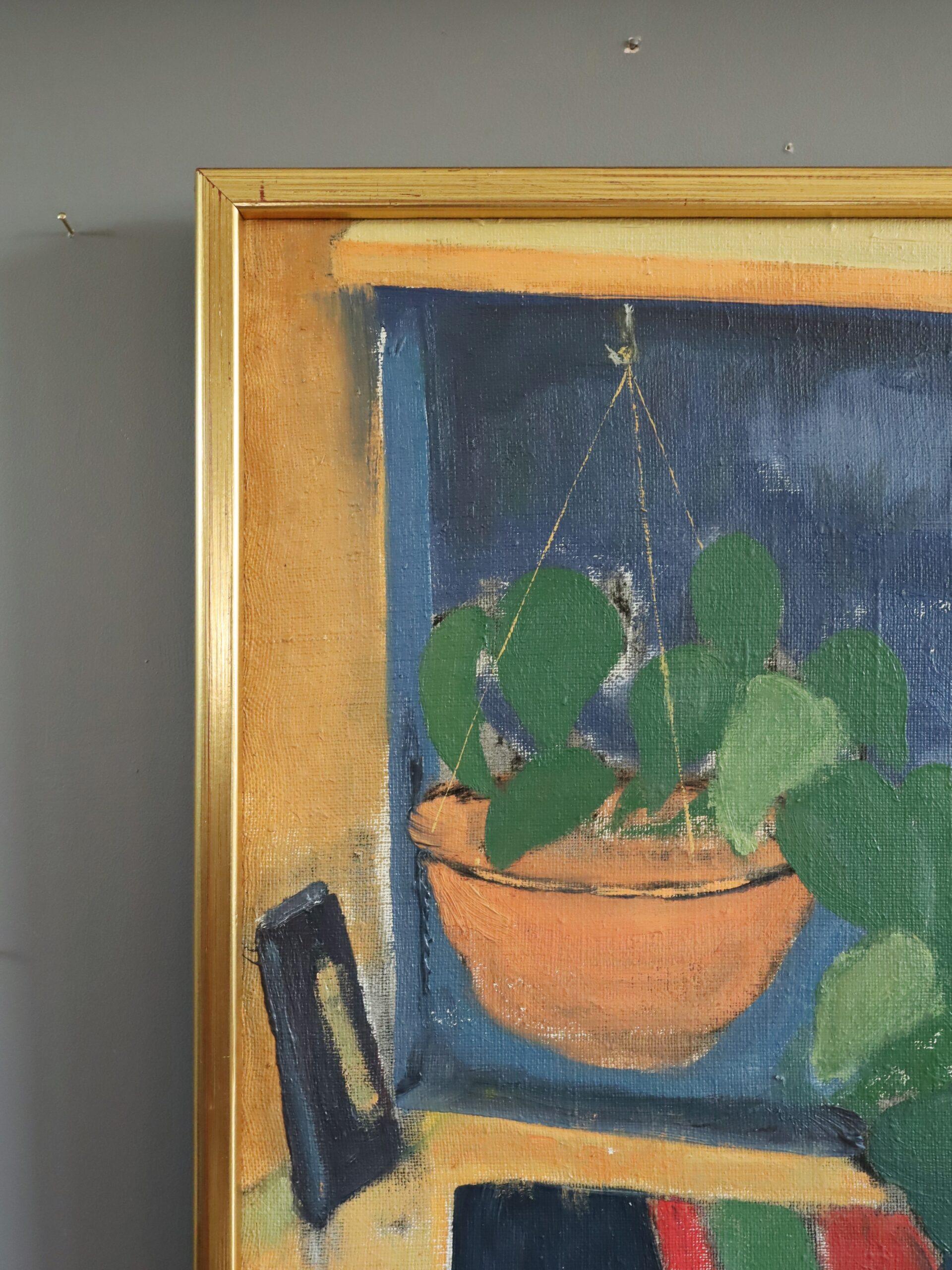 DAS GESTREIFTE TUCH
Größe: 49,5 x 38 cm (einschließlich Rahmen)
Öl auf Leinwand

Ein lebhaftes Stillleben aus der Mitte des Jahrhunderts,  ausgeführt in Öl auf Leinwand.

Die Komposition zeigt eine warm beleuchtete häusliche Szene mit einem