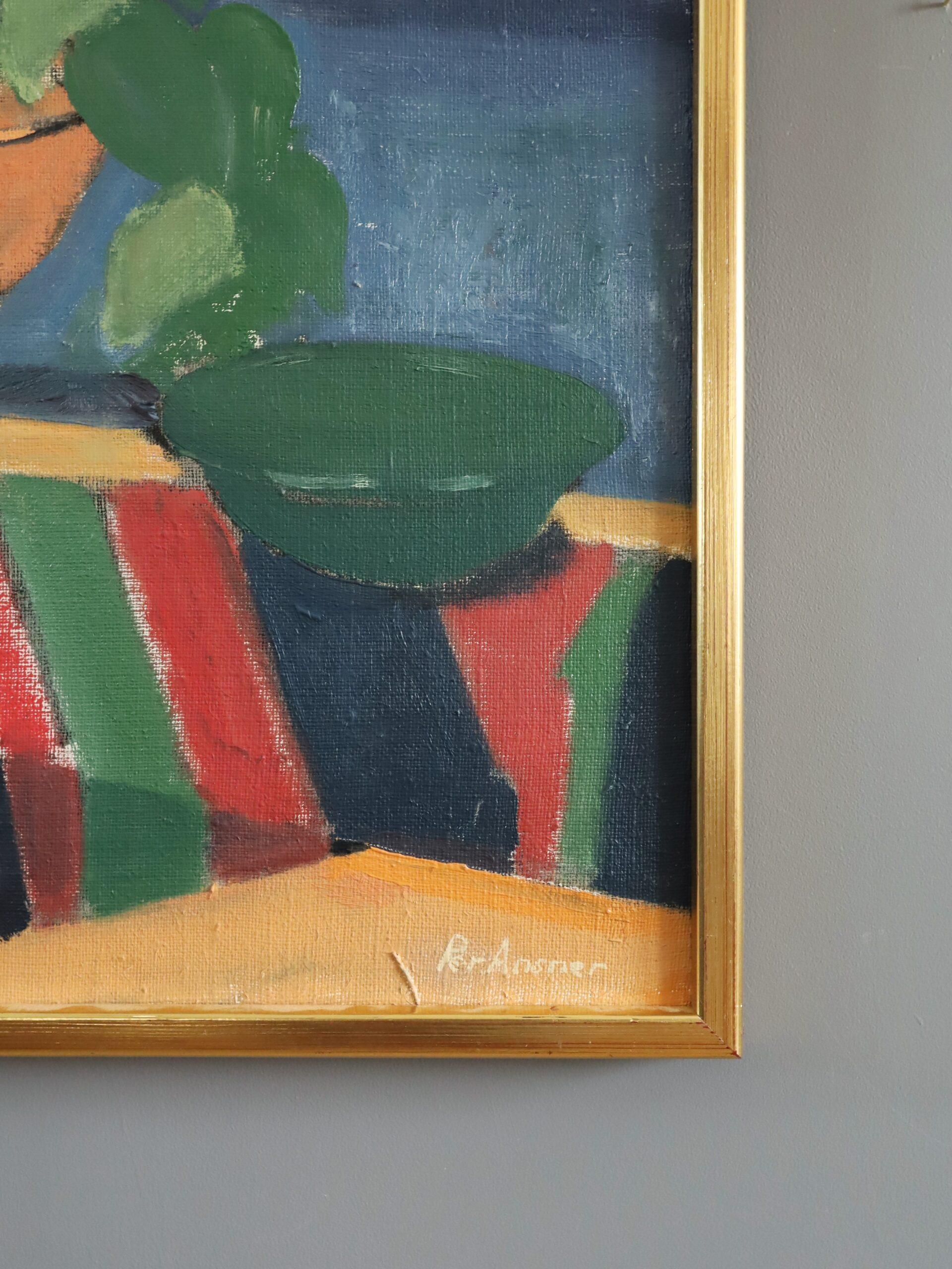 Mid Century Modern Swedish Interior Still Life Ölgemälde - The Striped Cloth im Angebot 1