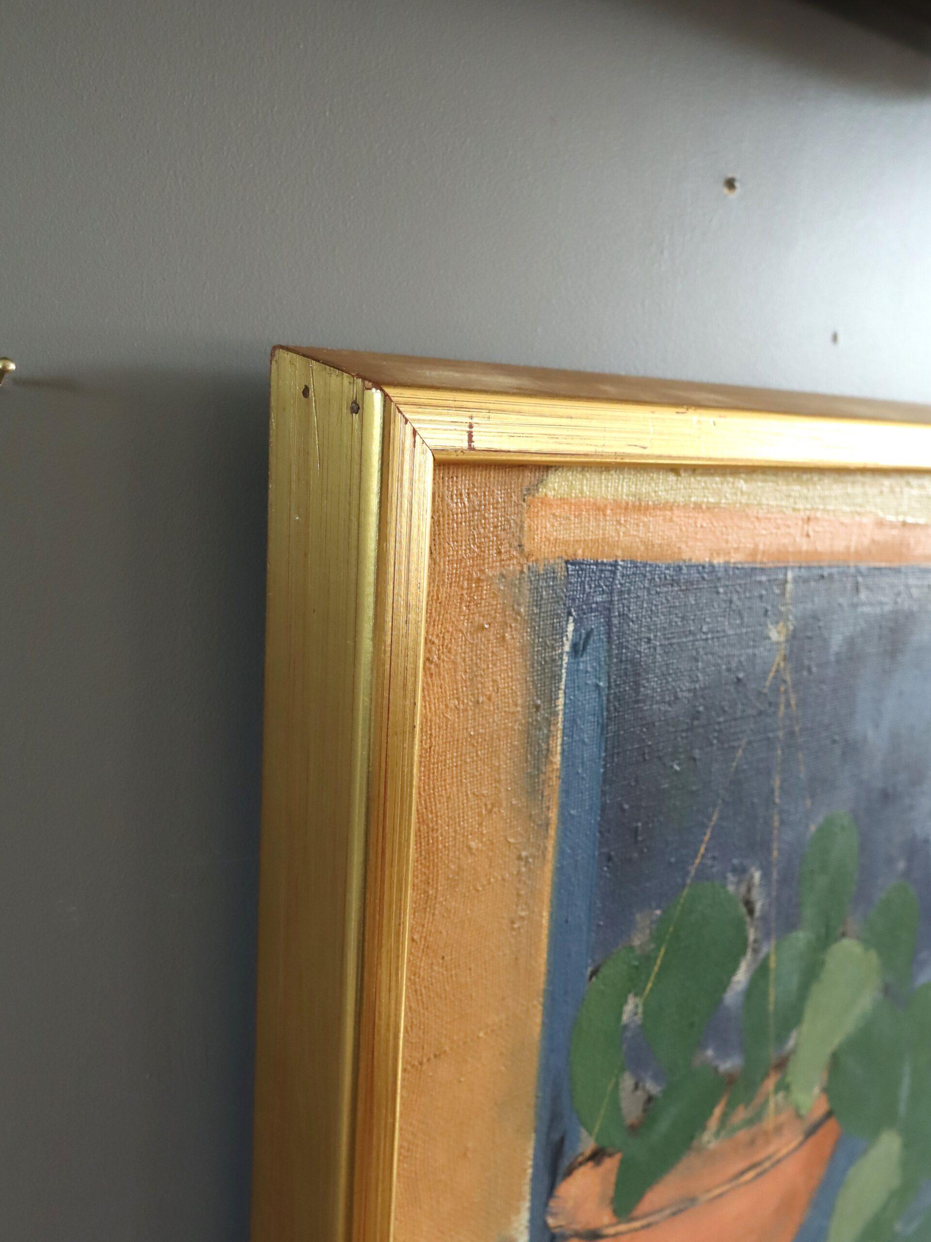 Mid Century Modern Swedish Interior Still Life Ölgemälde - The Striped Cloth im Angebot 2