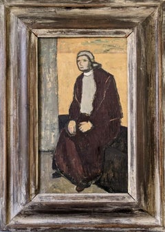 Mid-Century Modern Swedish "Introspection" Vintage Portrait Oil Painting, Framed