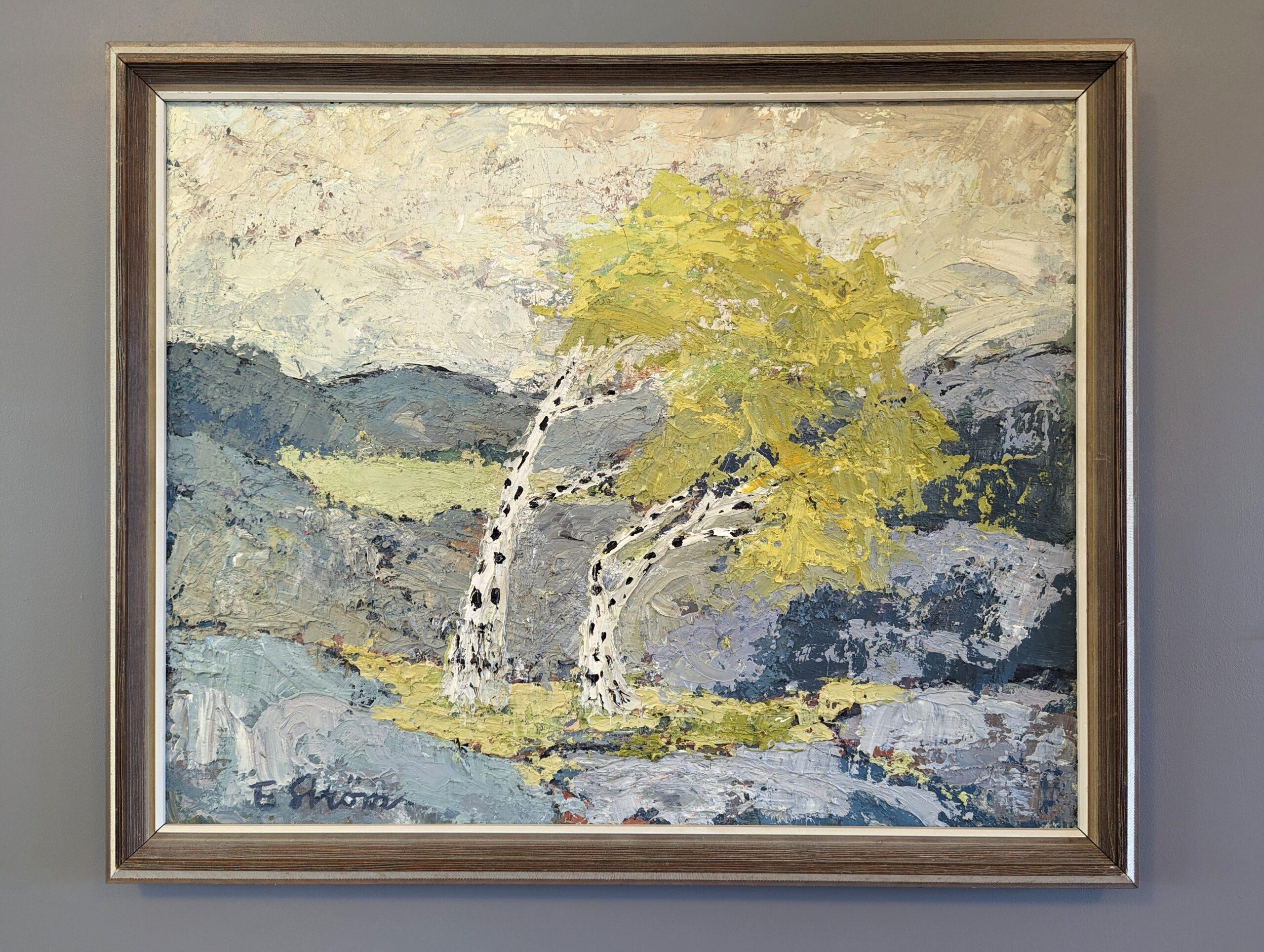 YELLOW TREES
Oil on Canvas
Size: 49.5 x 60.5 cm (including frame)

A beautifully textured mid-century modernist style landscape composition, executed in oil onto canvas.

At the heart of the canvas stand two trees that have vibrant yellow leaves and
