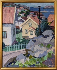 Mid-Century Modern Swedish Landscape Oil Painting - Coastal Hillside, Framed